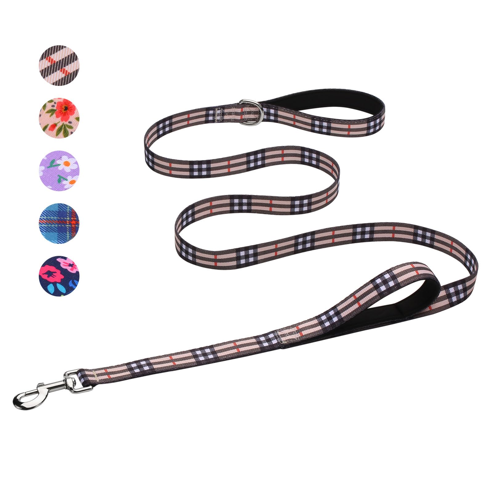 Hikiko 6 Foot Double Handle Small Dog Leash, Padded Pet Leash Traffic Handles for Walking Training (Beige Plaid, 6ft)