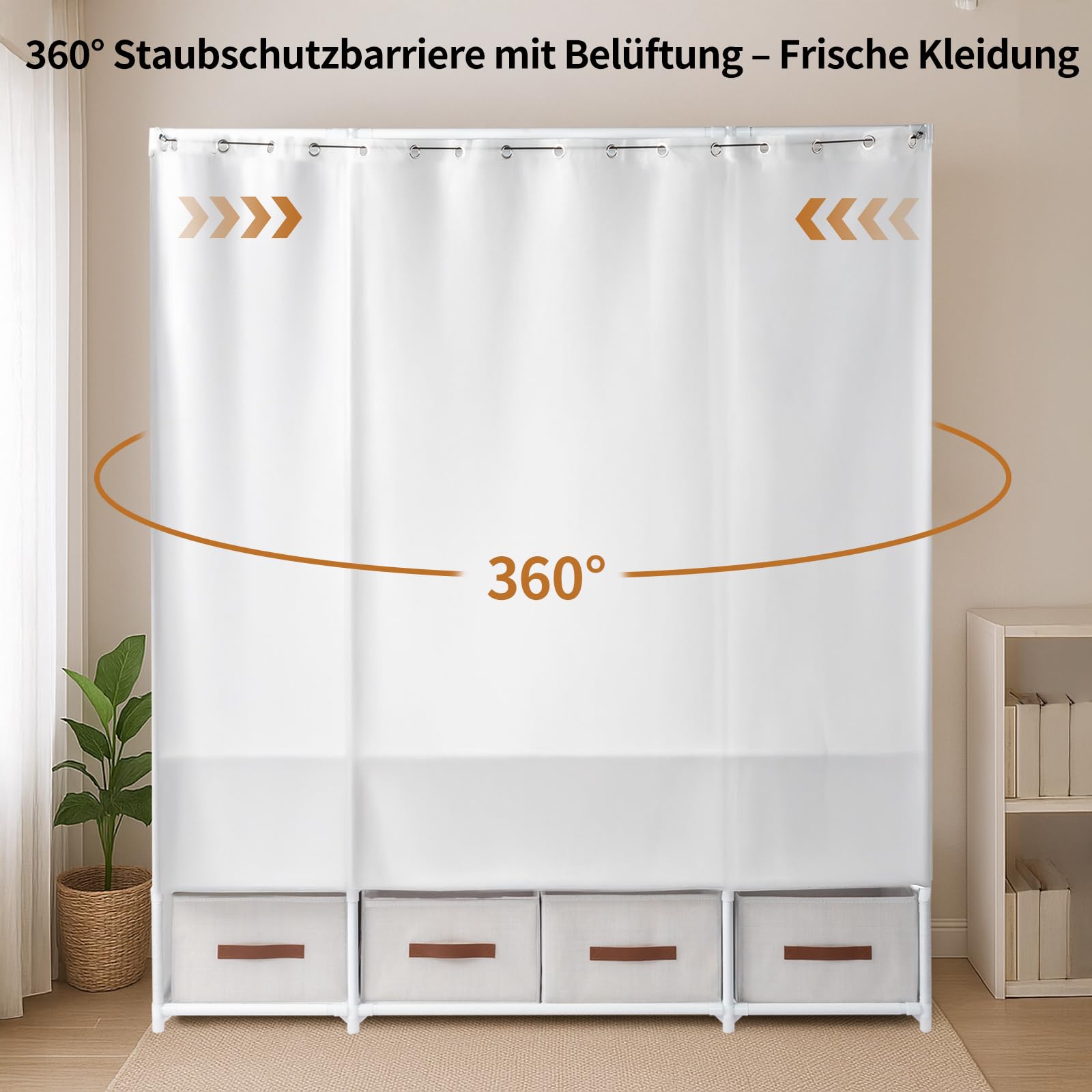 Alightup Armoire de Rangement avec Rideau, Penderie, Dressing, Armoire Métallique, avec Barres de Suspension, Porte-vêtements, pour Vestiaire, Chambre, 144 x 45 x 166 cm (Blanc, 144 x 45 x 166 cm)