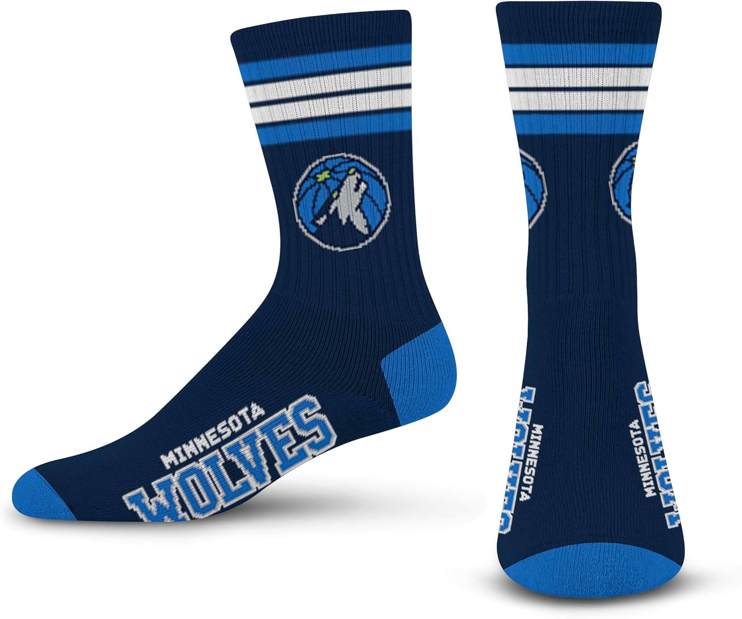 For Bare Feet NBA MINNESOTA TIMBERWOLVES 4 Stripe Deuce Crew Sock Team Color Large