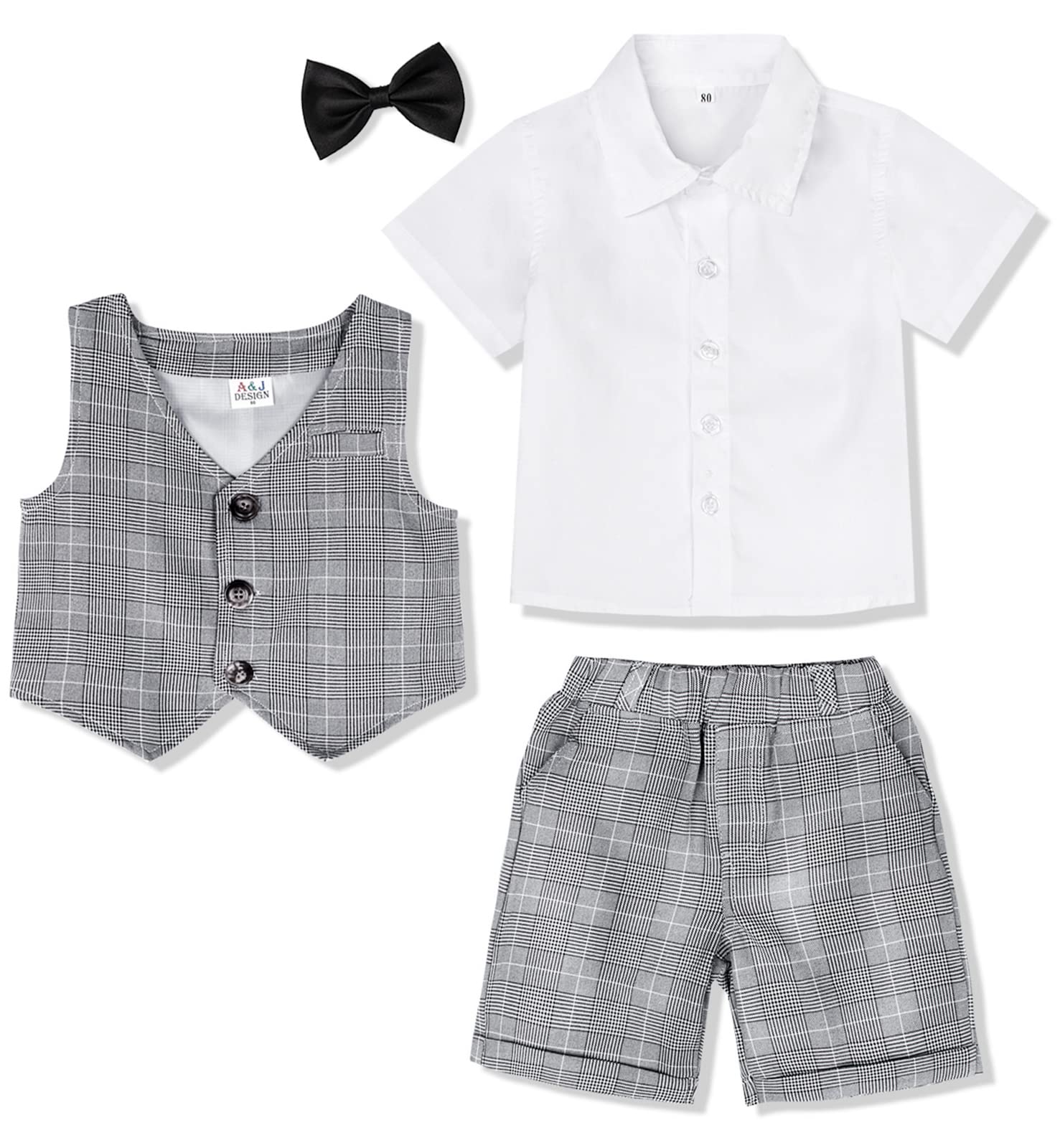 mintgreen Bebé Traje de 3 Piezas, Conjunto de Traje de Bautizo Camisa + Chaleco + Pantalones Cortos + Pajarita, 1-6 años