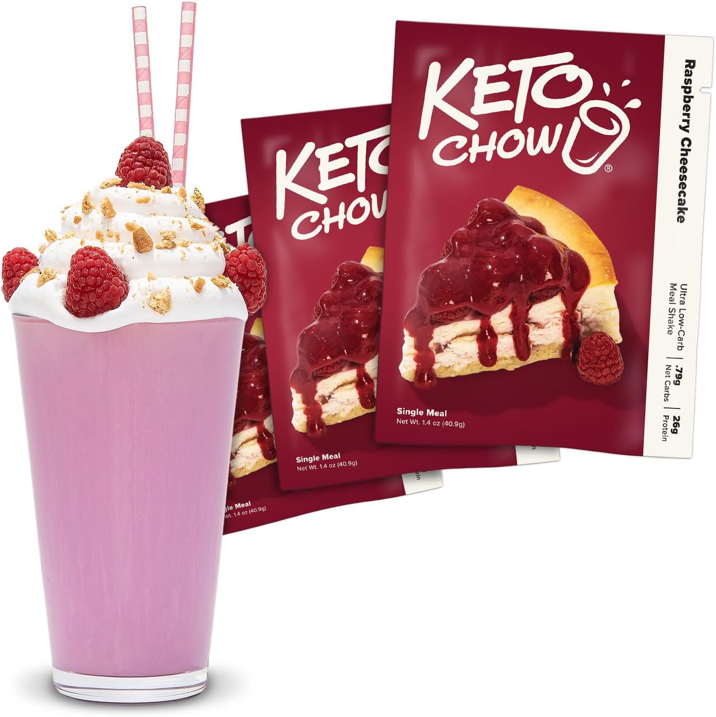 Keto Chow Raspberry Cheesecake - Keto Meal Replacement Shake Powder - Nutritionally Complete - Low Carb - Delicious Easy Meal Substitute - Protein Rich You Choose The Fat - Single Meal - 3 Pack