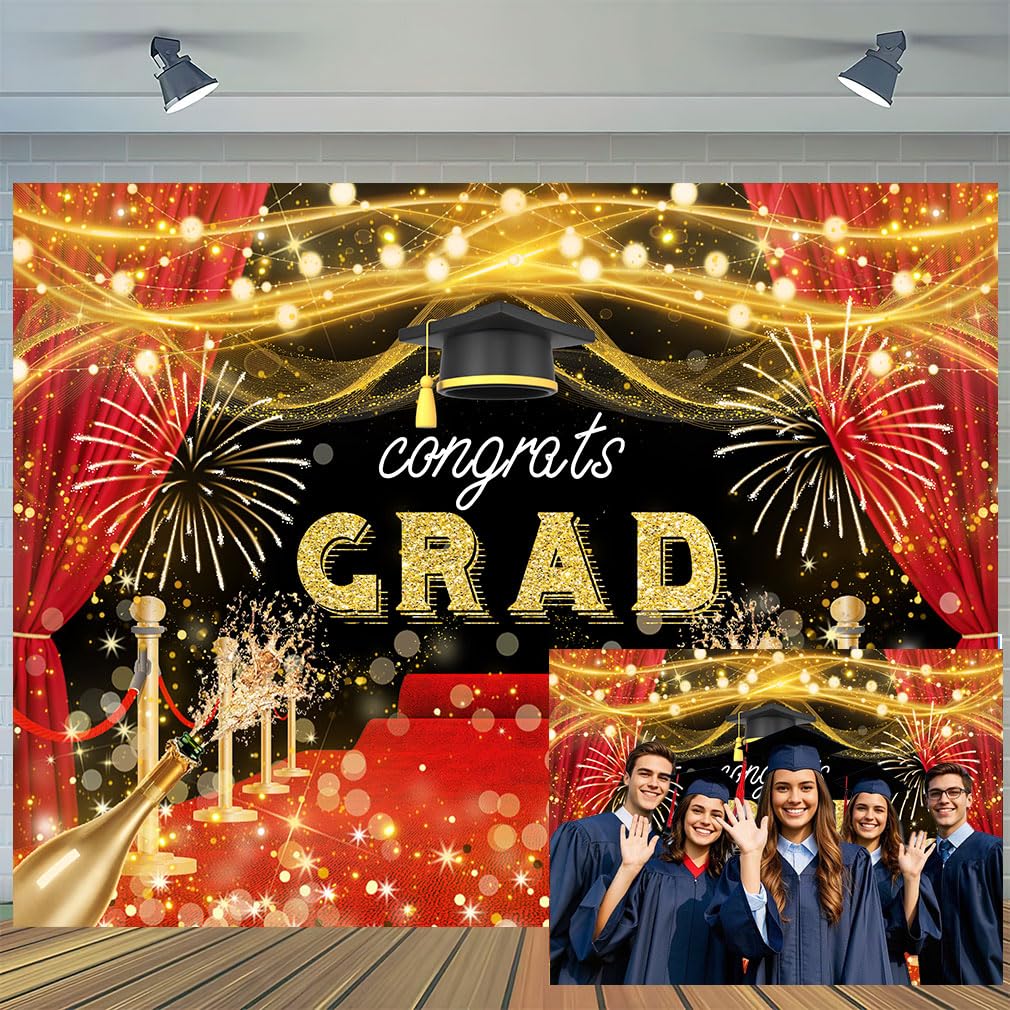 Graduation Party Red Carpet Backdrop, Congrats Grad Photography Backdrop 2025 Class, Gold Black Bachelor Cap Banner Background Party Supplies