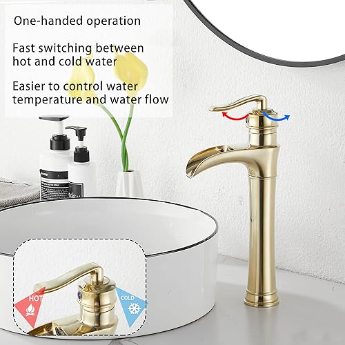 Miniatura 3 de GGStudy - Grifo de baño dorado cepillado, grifo de baño con cascada de una sola manija, un agujero, cuerpo alto, casa de campo, baño, lavabo, grifo