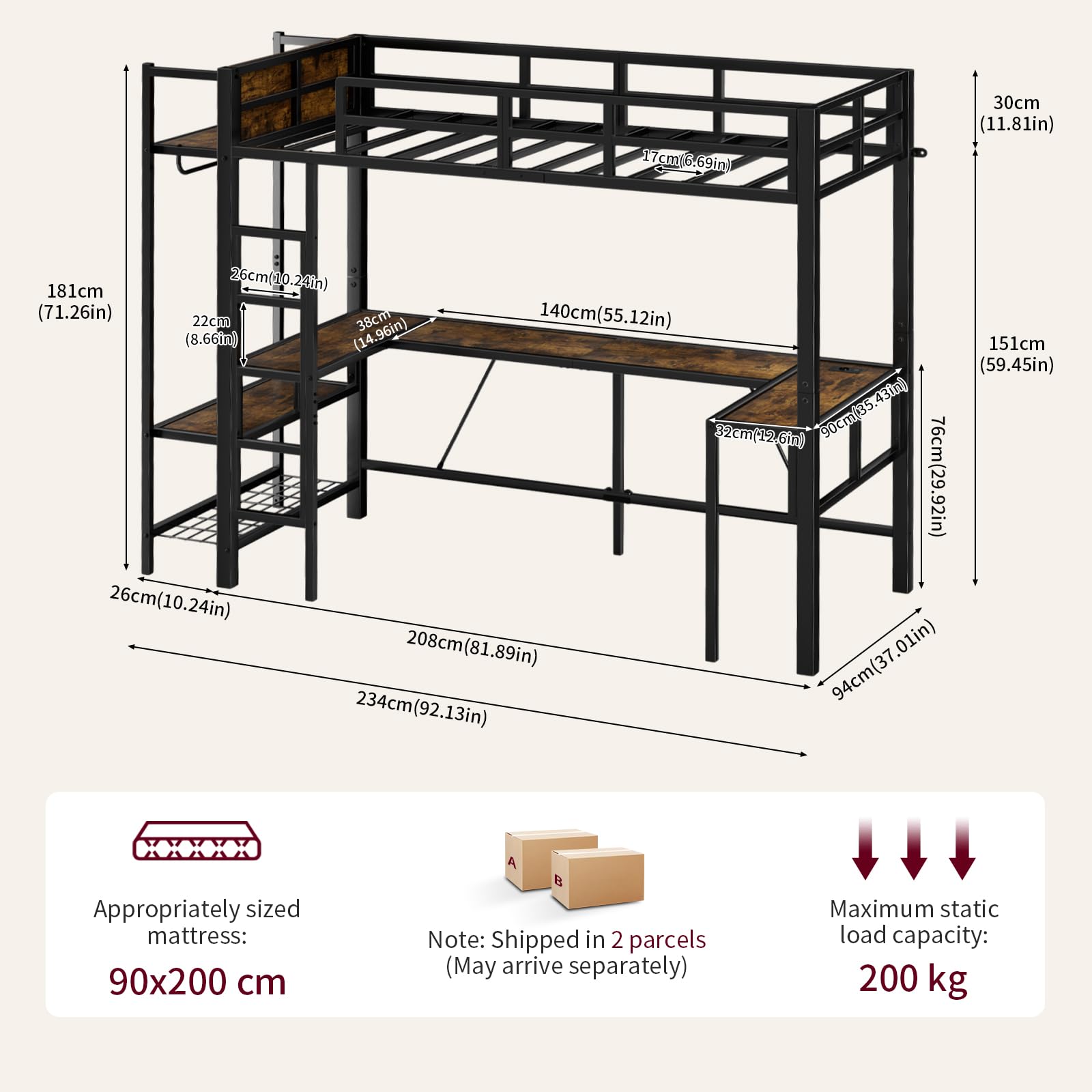 EGGREE Letto a Soppalco 90x200 cm con Scrivania a L, Presa e USB, Letto in Metallo con Appendiabiti, Scarpiera e Ripiani, Letto Salvaspazio per Cameretta, Nero