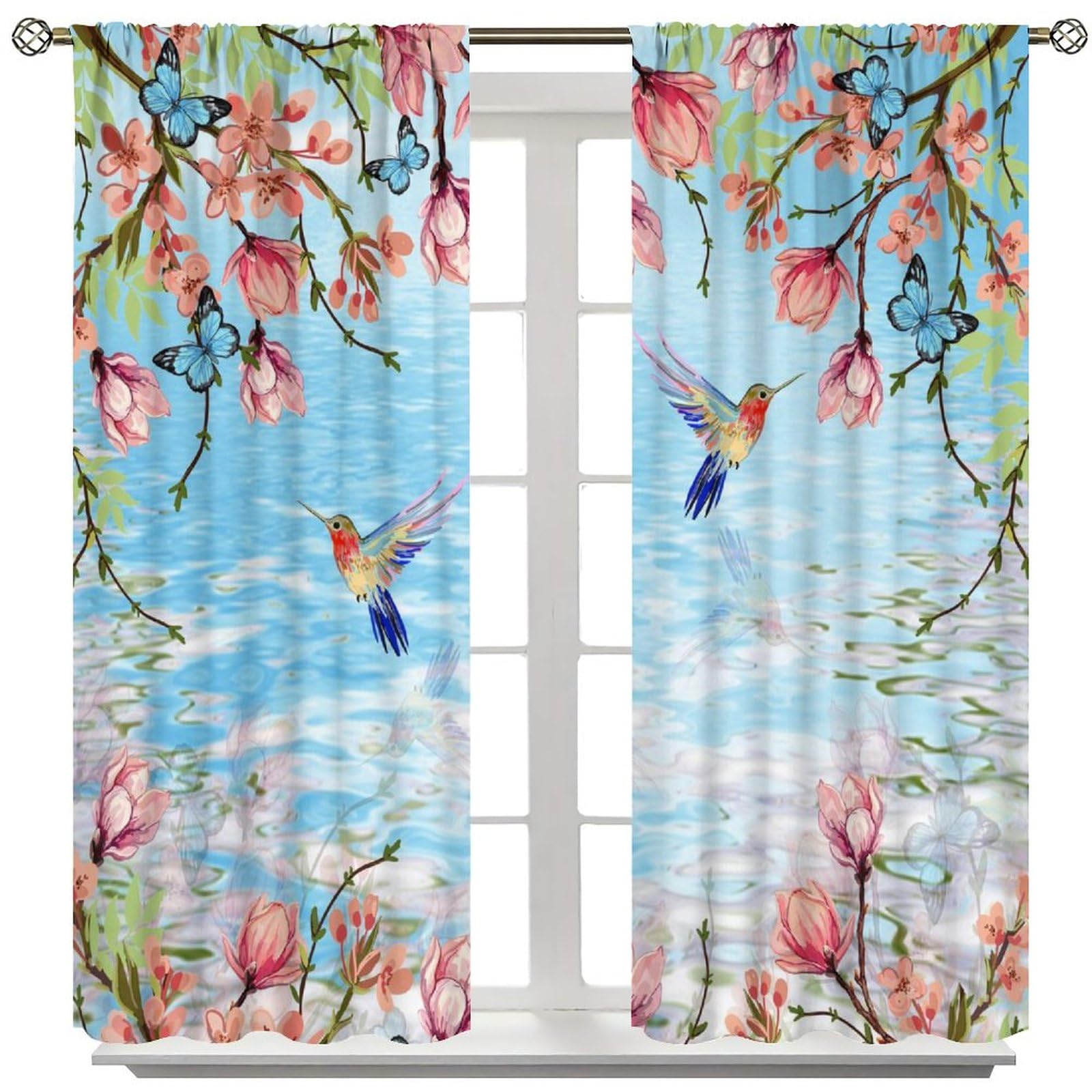 wlsgdsg Natural Bird Curtains, Cartoon Watercolour Beautiful Butterfly Plant Flower River Forest Animal Windows Treatments Drapes for Girls Living Room Bedroom Kitchen 42x45in?No Blackout?