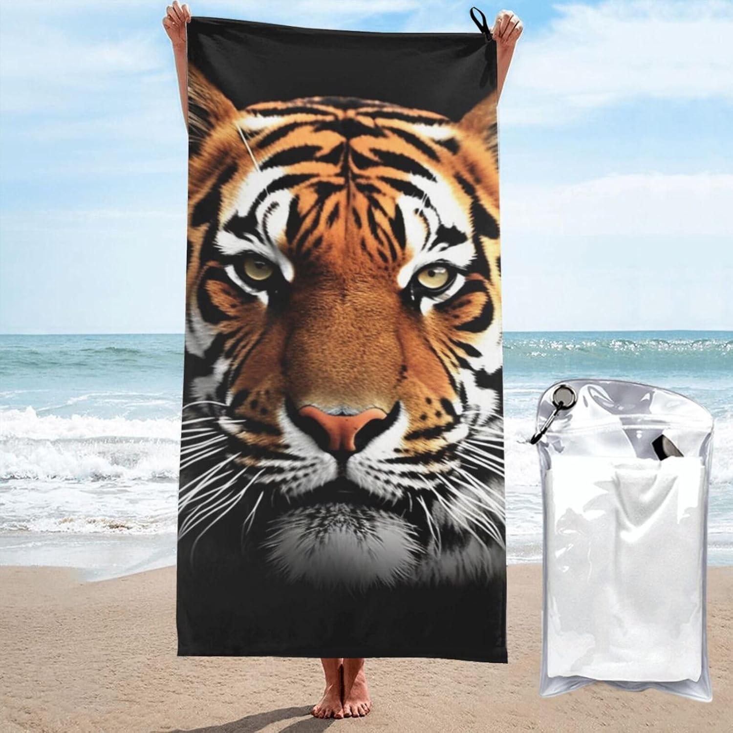 KHiry Microfiber Towel Beach Towels Tiger Face Quick Dry Towel Soft Lightweight Travel Towels Absorbent Large Easy Pack Travel Things Beach Blanket for Gym Sports Swimming
