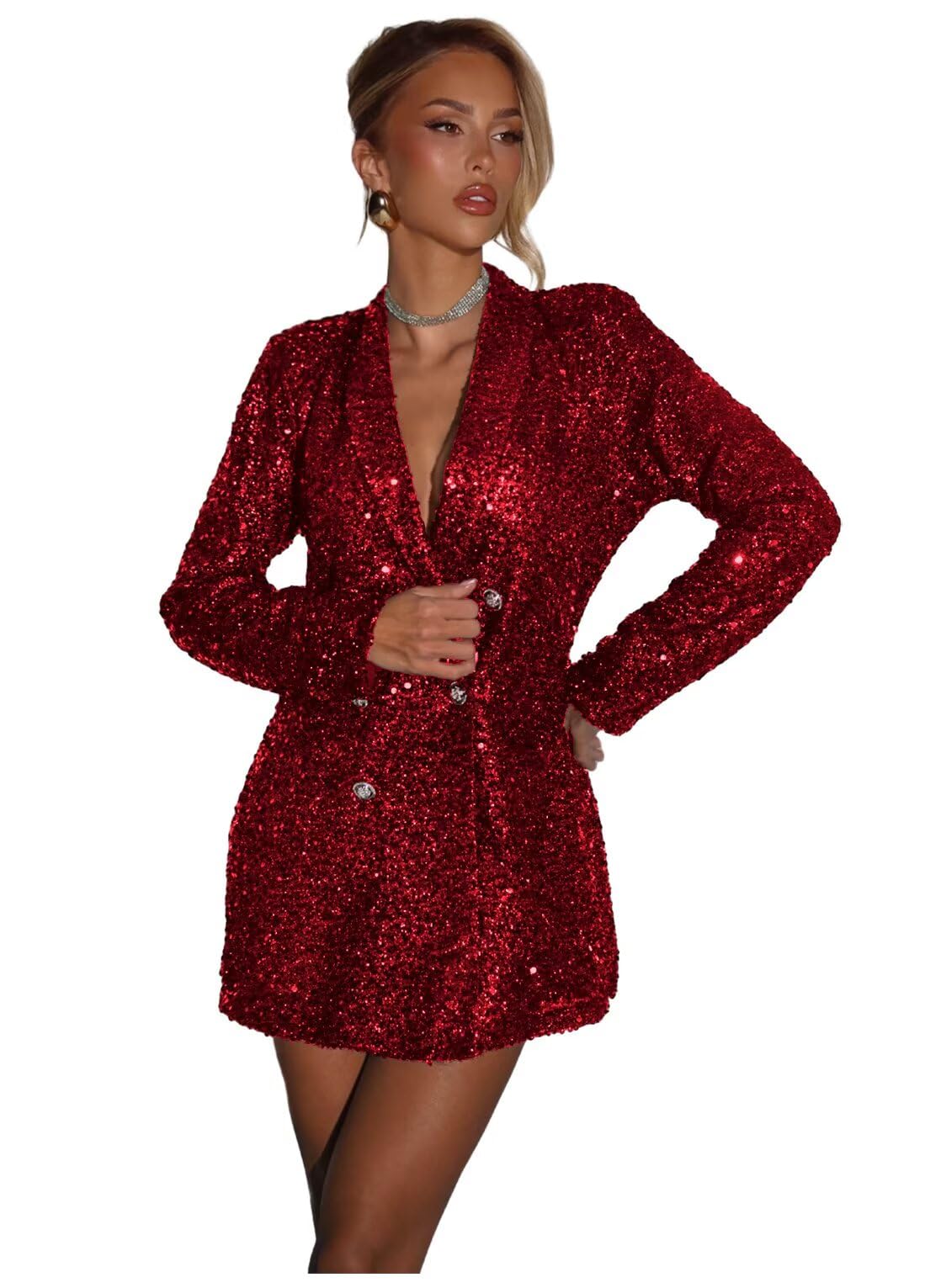 Sequin Blazer Dress for Women Sexy Elegant V Neck Bridesmaid Blazer Dress Long Sleeves Sparkly Dresses for Prom