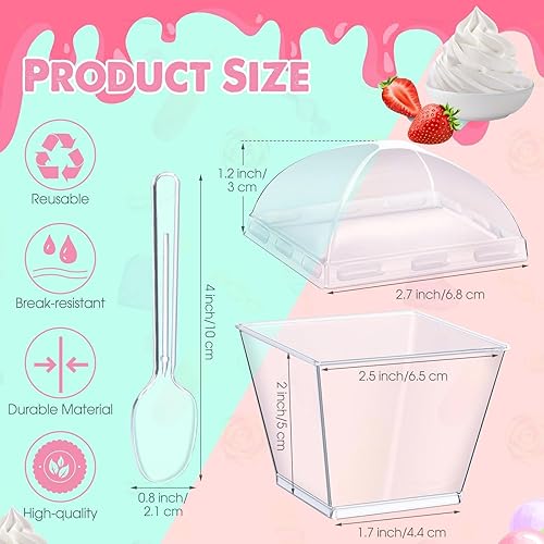 Miniatura 2 de Mimorou 150 mini vasos cuadrados de plástico para postres, 3 onzas, taza de plástico transparente para aperitivos con tapas y cucharas para postres