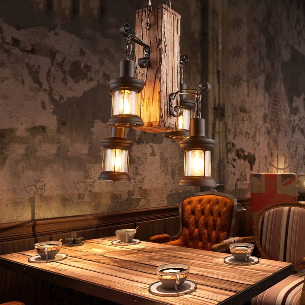 Retro Hanglamp LED Massief Houten Eettafel Hanglamp Warm Licht Kroonluchter In Hoogte Verstelbare Industriële Hanglamp voor Eetkamer Woonkamer Keuken Decoratieve Verlichting 4 Lichten