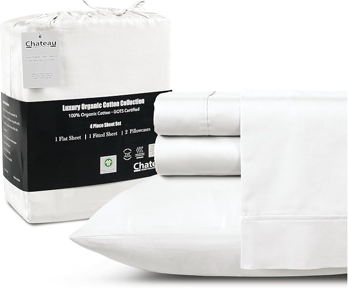 CHATEAU HOME COLLECTION 100% Organic Cotton Sheets King Size,4Pc King Size Sheets,Luxurious Long Staple Cotton Sheets,Sateen Weave,Breathable Sheets King Size Bed,Deep Pocket King Sheets,White