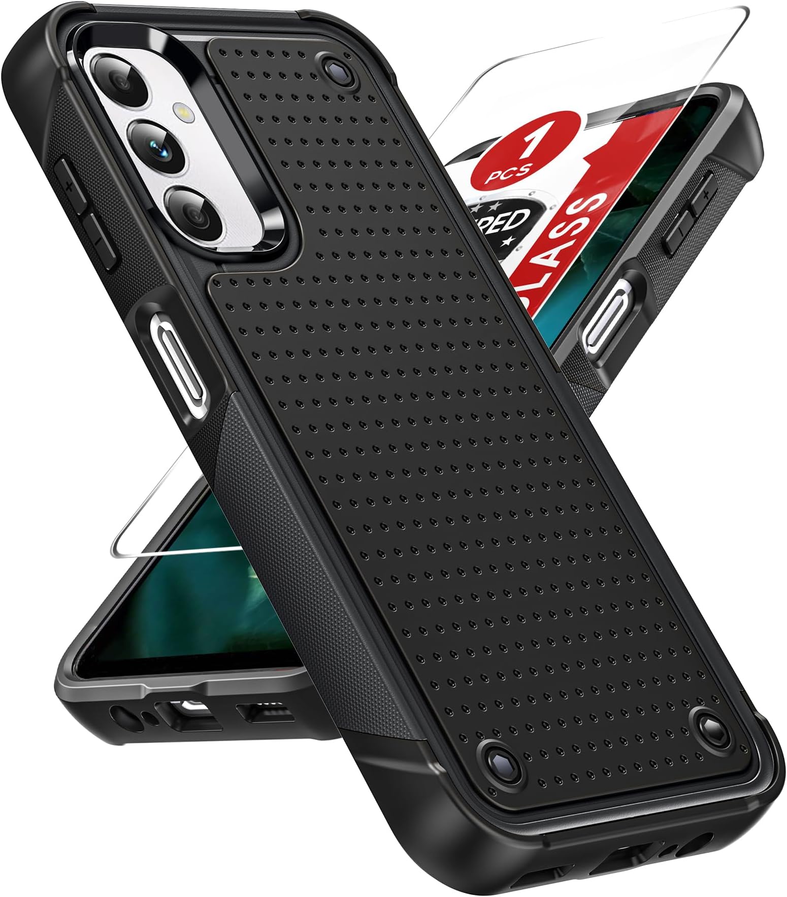 for Samsung Galaxy A14-5G Phone Case: with Glass Screen Protector Accessories, Heavy Duty Shockproof Dual Layer Hard PC Textured Back & Soft TPU Cover for Galaxy 14A Mobile Smartphone, Black