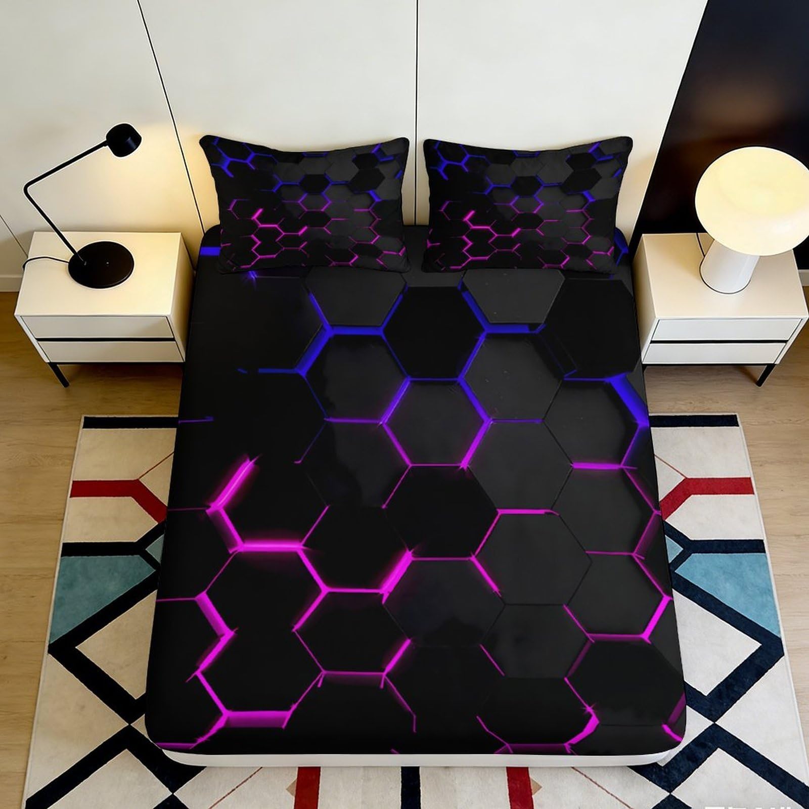 Wtorimpel Style-7 3D Printed Geometric Sci-Fi Fitted Sheet Thickened Microfiber Deep Pocket Non-Slip Hexagon Mattress Fitted Cover Bedroom Set For Adults Teens 200X200x25cm