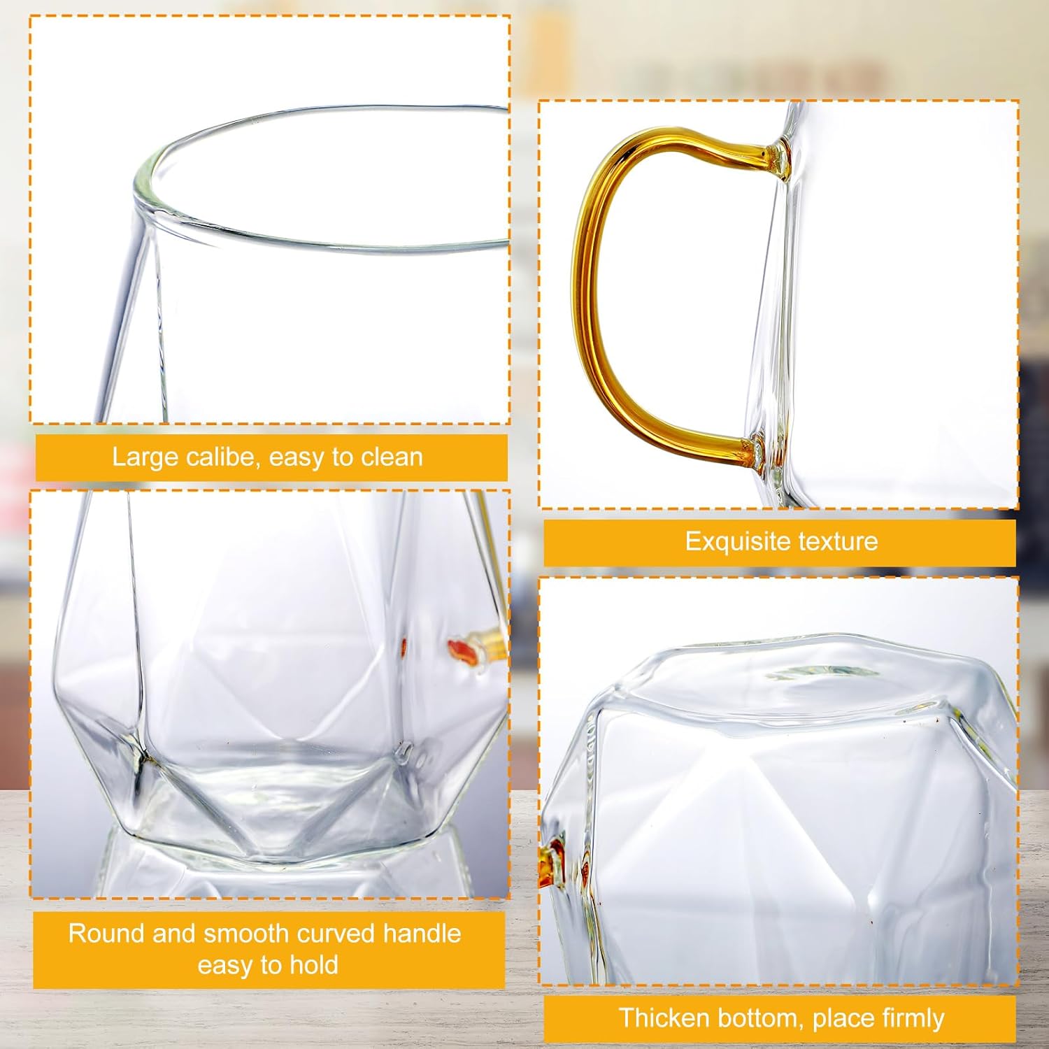 Layhit 6 Sets Glass Coffee Mugs with Handle Spoon 12 oz Clear Coffee Mugs Diamond Shaped Tea Cups Glasses for Milk, Latte, Cappuccino, Espresso, Cold or Hot Drinks