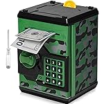 ATM Piggy Bank for Boys Girls, Vcertcpl Mini ATM Coin Bank Money Saving Box with Password, Kids Safe Money Jar for Adults with Auto Grab Bill Slot, Great Gift Toy Bank for Kids (Camouflage GreenGray)