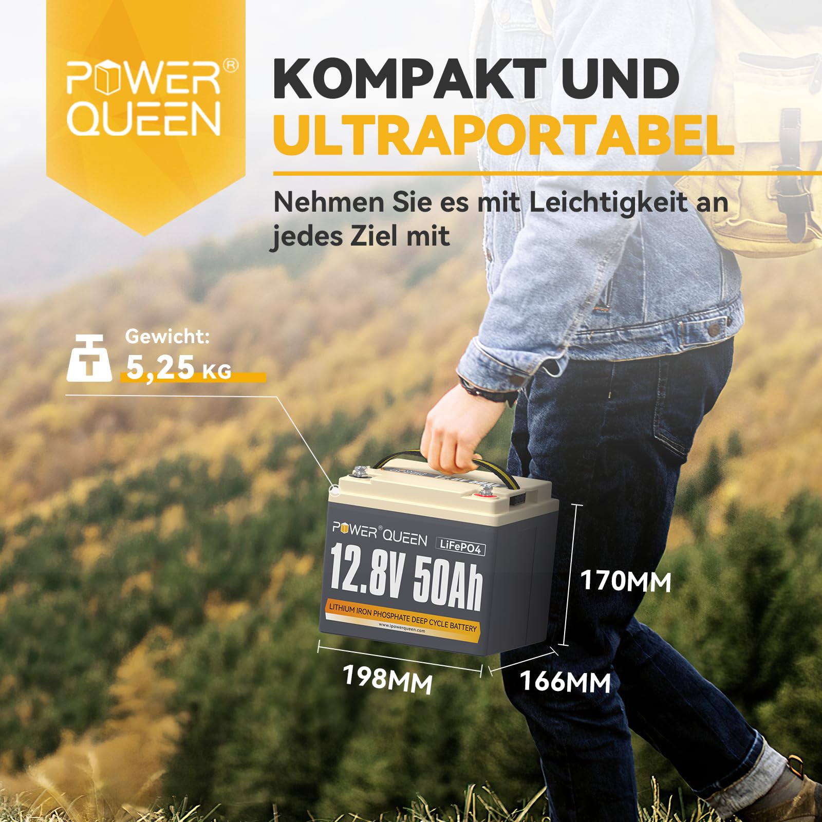 Power Queen Batteria al Litio 12V 50Ah 640Wh Batterie LiFePO4 a Ciclo Profondo fino a 15000+ Cicli Batteria Ricaricabile con BMS 50A per Scooter Elettrici Barca Camper Solare Marine Rasaerba…