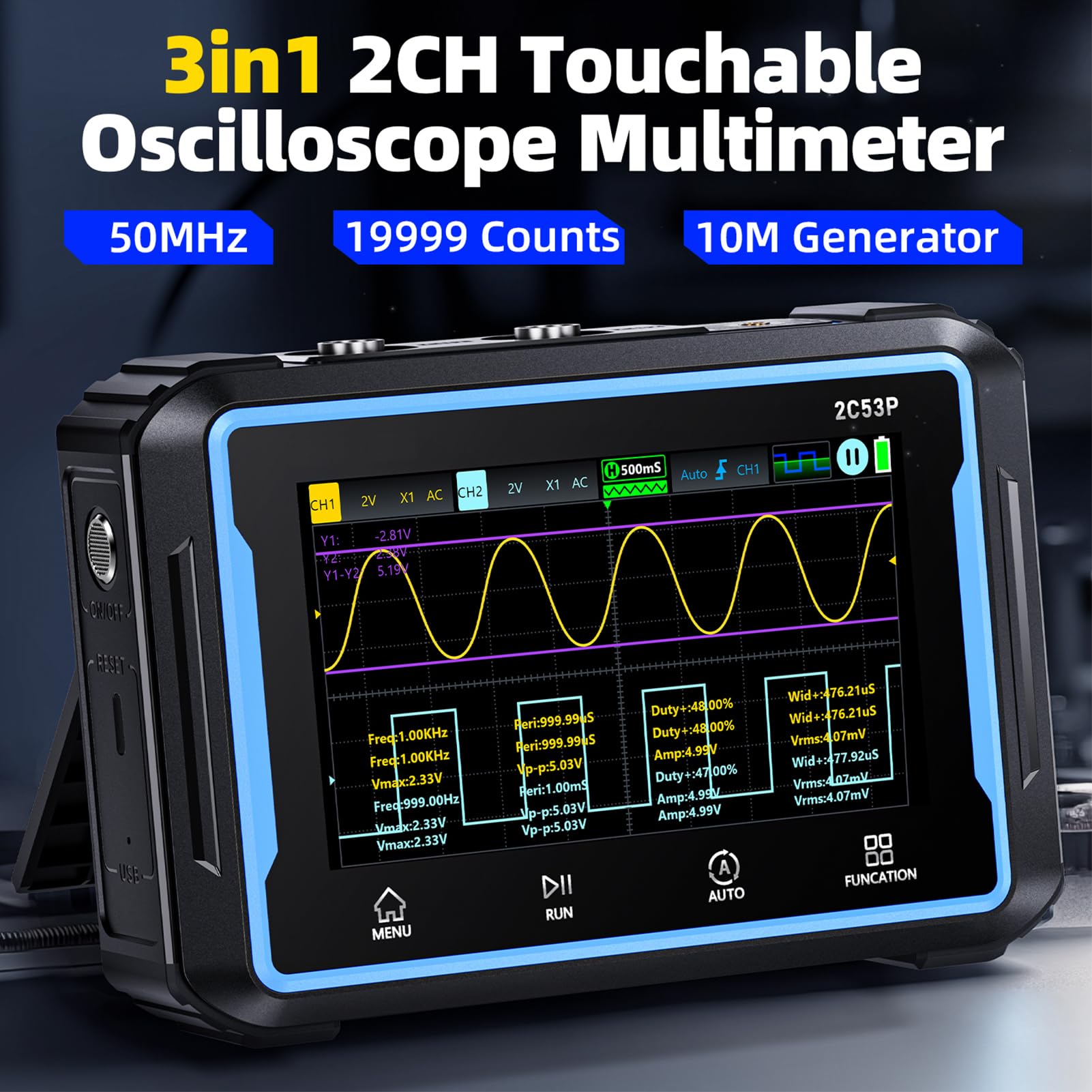 Oscilloscope,Handheld Oszilloskop Multimeter 3-in-1 Digitales Oszilloskop Signalgeber Multimeter mit 50Mhz Bandbreite,19999 Zählungen,250MS/s Abtastung,4.3 Zoll Touchscreen,Deutsche Sprachanzeige
