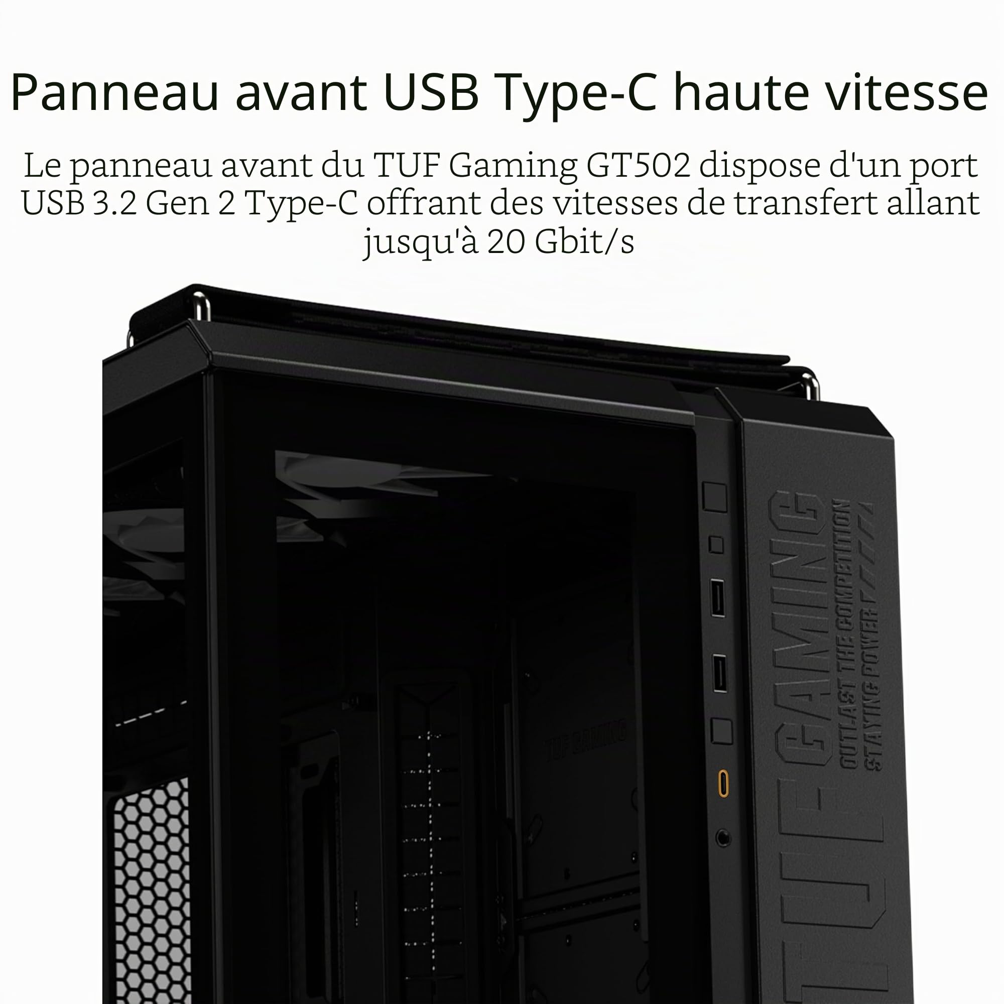 ASUS TUF Gaming GT502 Plus - Boîtier PC Gaming ATX, Double Chambre indépendantes pour CPU et GPU, Panneaux latéraux sans Outils, USB Type-C Haut débit à l’Avant​, 4 x Ventilateurs ARGB, Noir