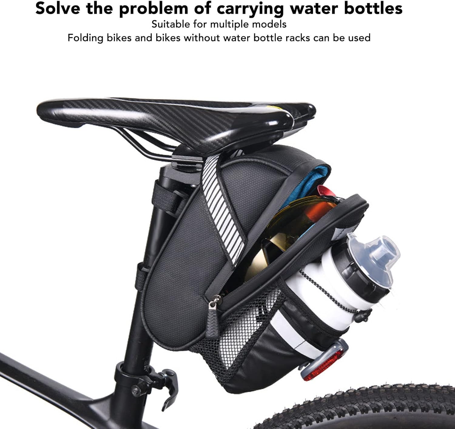 Bike Seat Bag Under Seat Storage Bag Waterproof Bike Seat Bag with Water Bottle Bag for Large Space Durable Fabric Bike Accessories