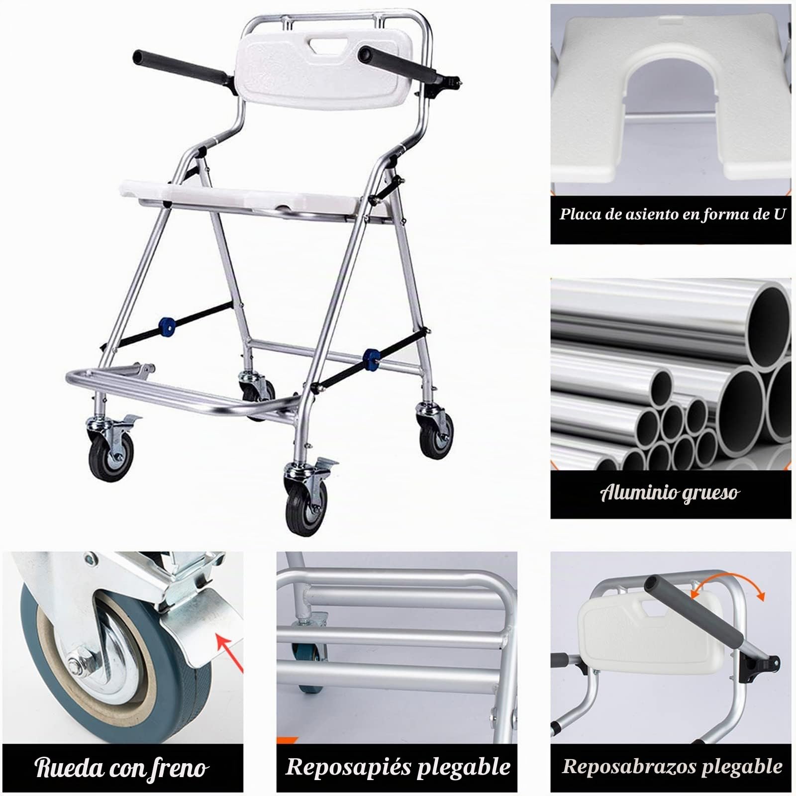Taburete de Ducha Plegable Silla de Ducha con Ruedas para Personas Mayores y Discapacitados, Taburete Ducha Antideslizante con Freno y Respaldo, Silla de Inodoro - Carga 120kg