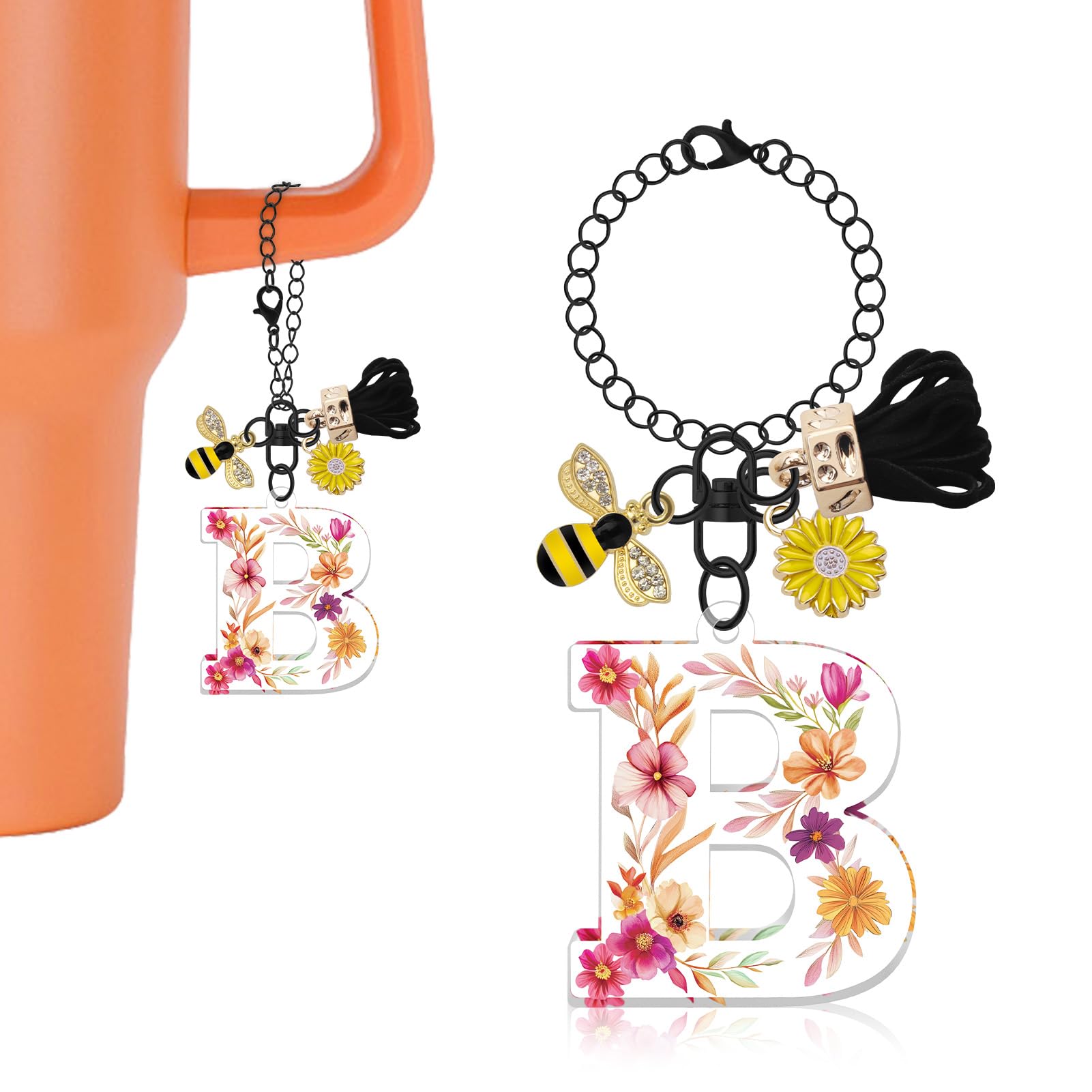 Oubaka Letter Charm Accessories for Stanley Cup, Initial Name ID Personalized Handle Charm with Tassel Bee Flower for Bag