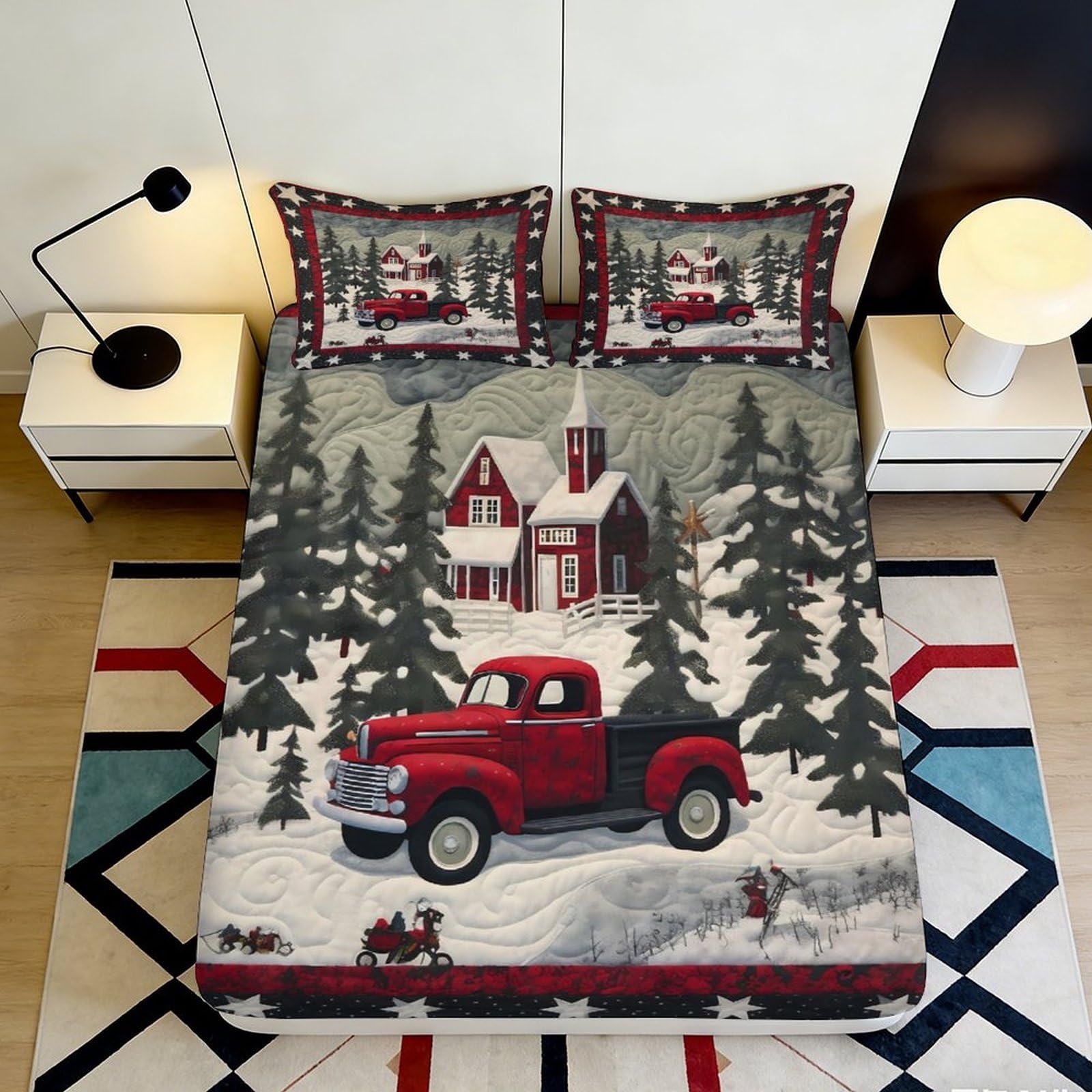 3D Printed Christmas Red Truck Fitted Sheet Microfiber Winter Snow Village Bed Cover for Bedroom Guest Room Decor 200x200x25cm