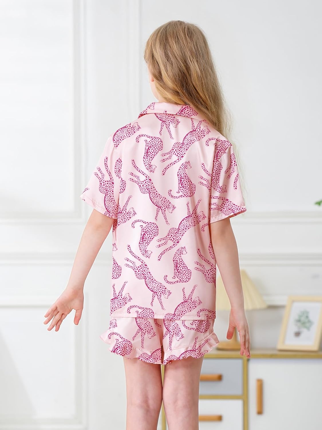 QZH.DUAO Girls Satin Pajamas Set Button Down Silk 2 Piece Pj Sets Ruffle Short Sleeve Sleepwear - Image 5