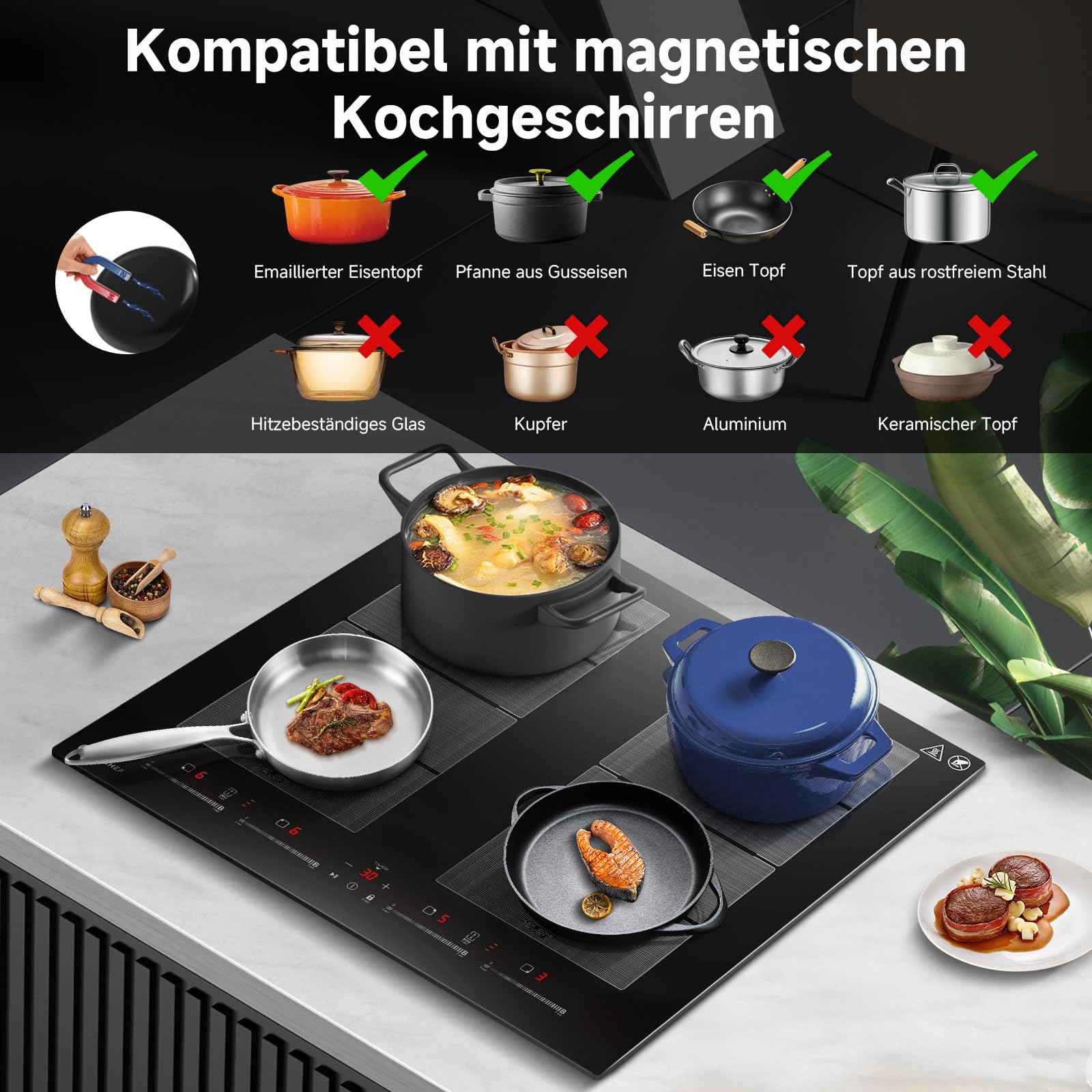AMZCHEF Induktionskochfeld 60cm 4 Zonen 2 Flexzonen 7400W 9 Leistungsstufen Booster