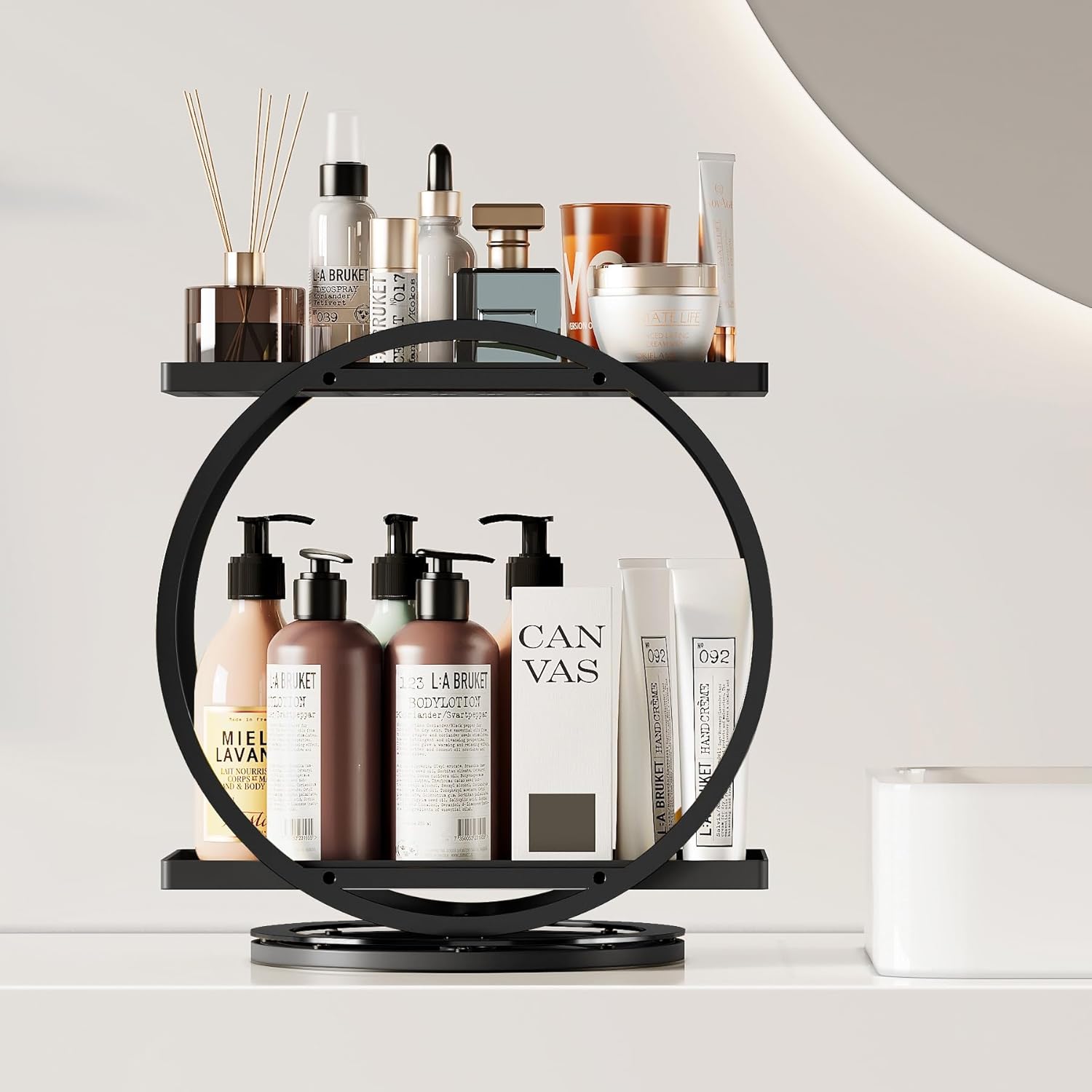 2 Tier Perfume Organizer for Dresser 360 Rotating, Large Capacity Bathroom Counter Organizer Cosmetic Skincare Storage Countertop Holder for Bedroom Kitchen(Black-Black)