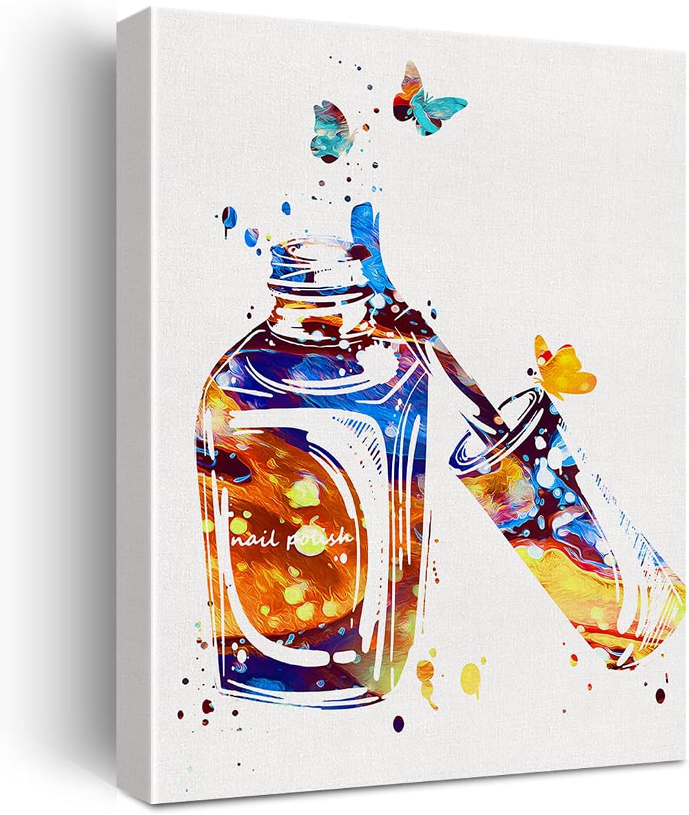 Nail Polish Watercolor Wall Art Makeup Nail Salon Canvas Painting Prints for Home Beauty Salon Wall Decor Framed Artwork Gifts(12x15 Inch)
