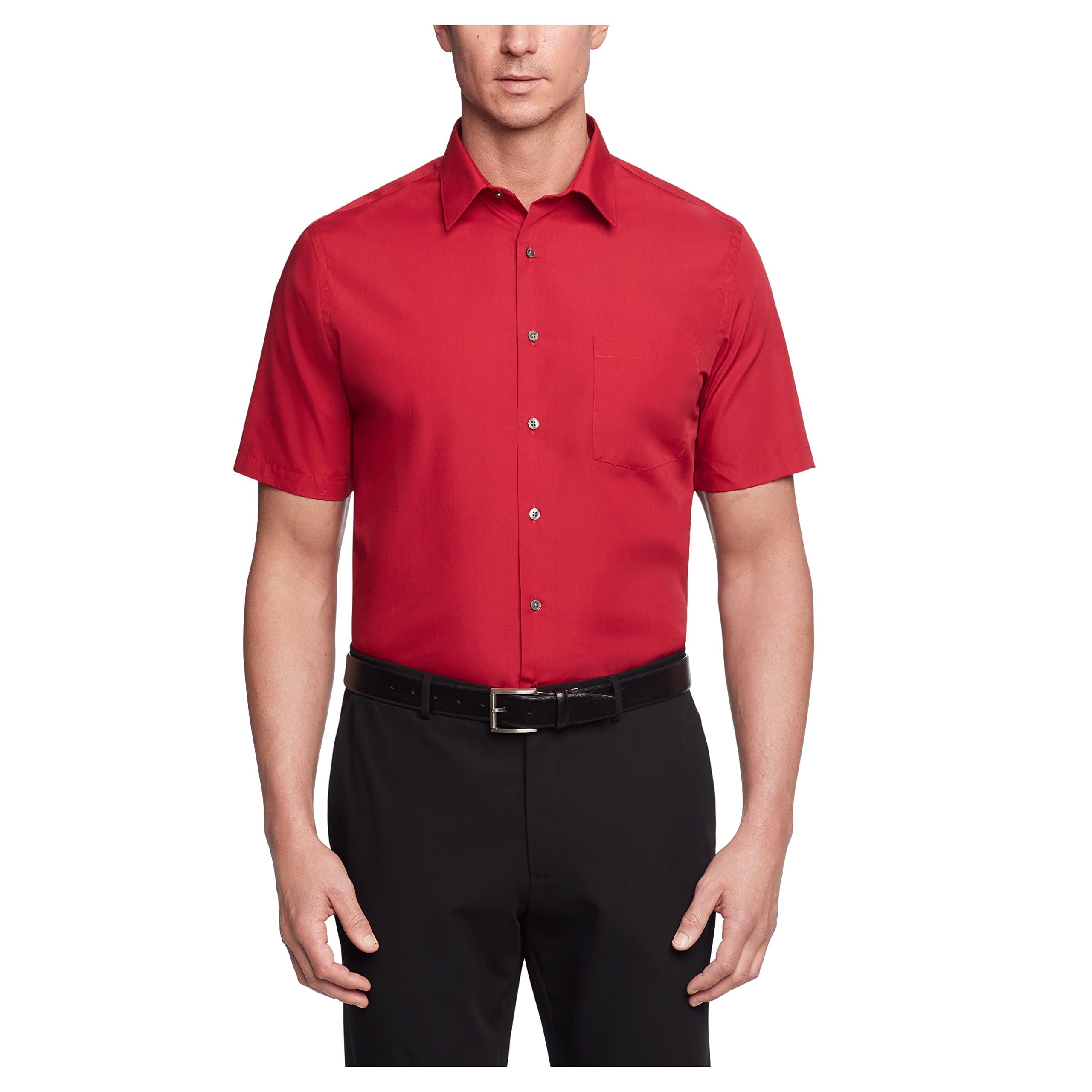 Van Heusen Men's Short Sleeve Dress Shirt Regular Fit Poplin Solid, Flame, 15.5" Neck