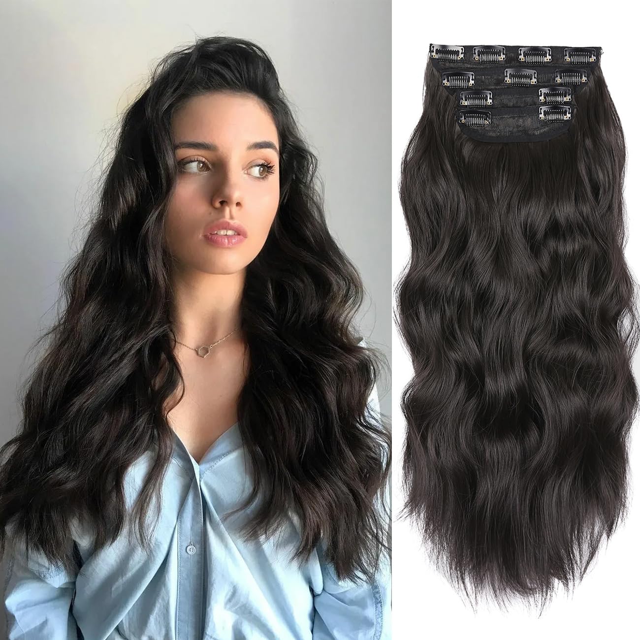 20 Inches Hair Extensions Clip ins, 4Pcs Clip in Hair Extensions, Synthetic Curly Hair Extension Clip in Human Hair (Color: Black with a Hint of Brown