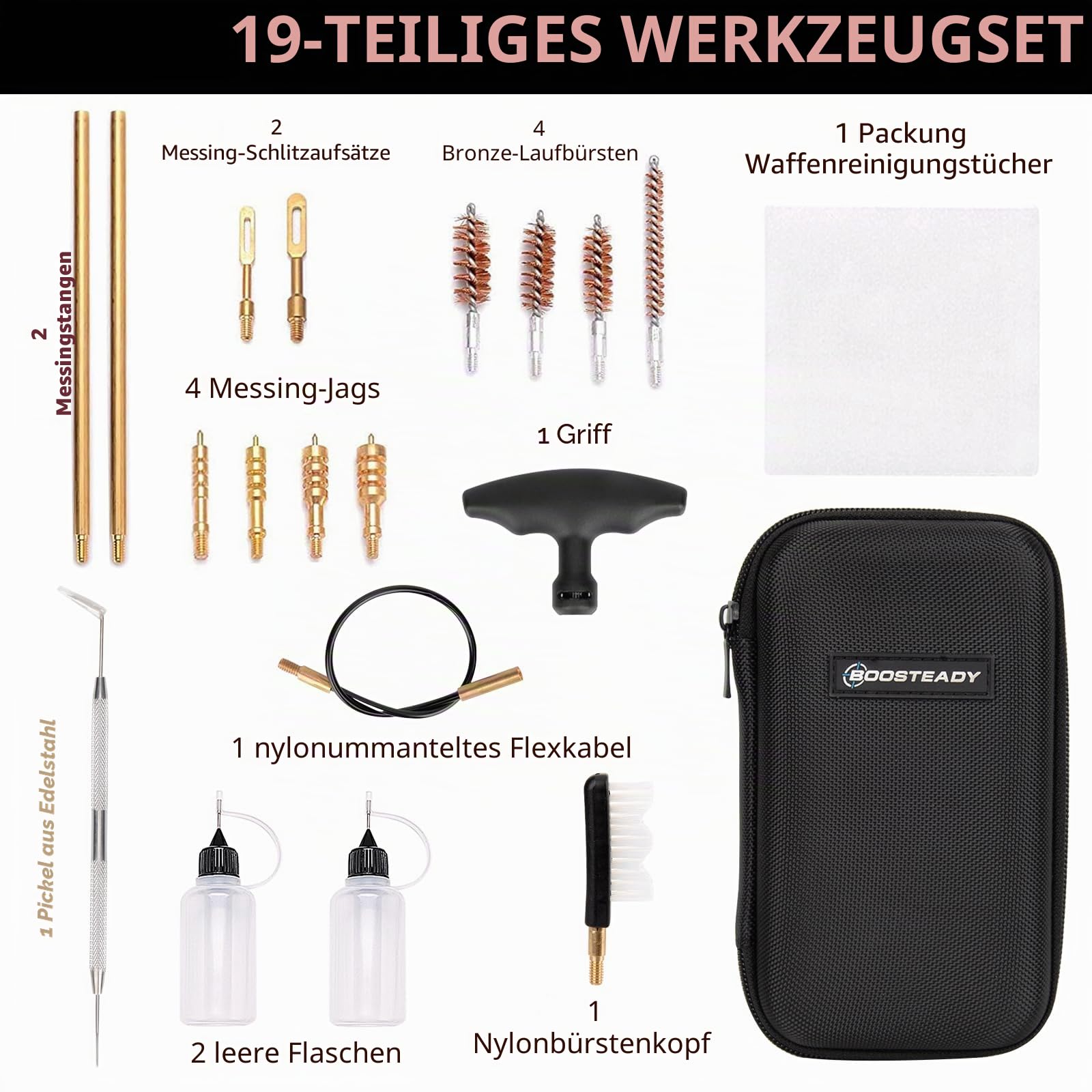 BOOSTEADY Universal-Handfeuerpistolen-Reinigungsset .22, .357, .38,9 mm, .45 Kaliber Pistole Reinigungsset Bronze Bohrung Bürste und Messing Jag Adapter