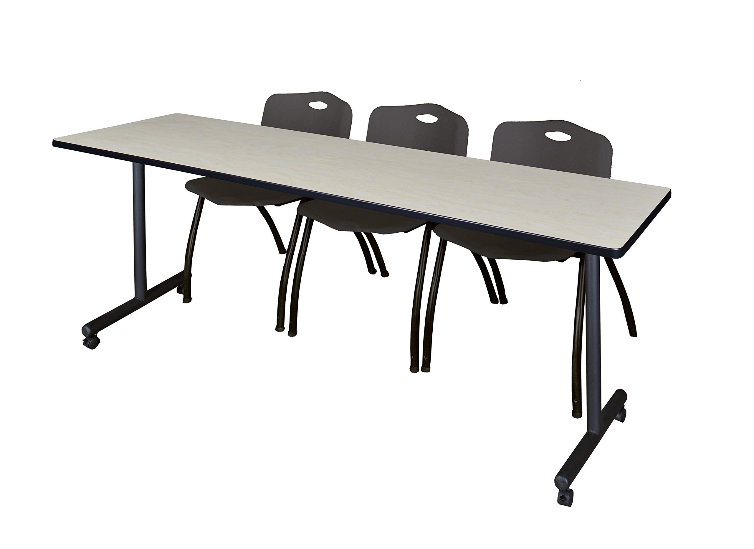 Romig Axis-Pro 84 x 24 in. Mobile T-Base Training Table- Maple, 2 M Stack Chairs- Black
