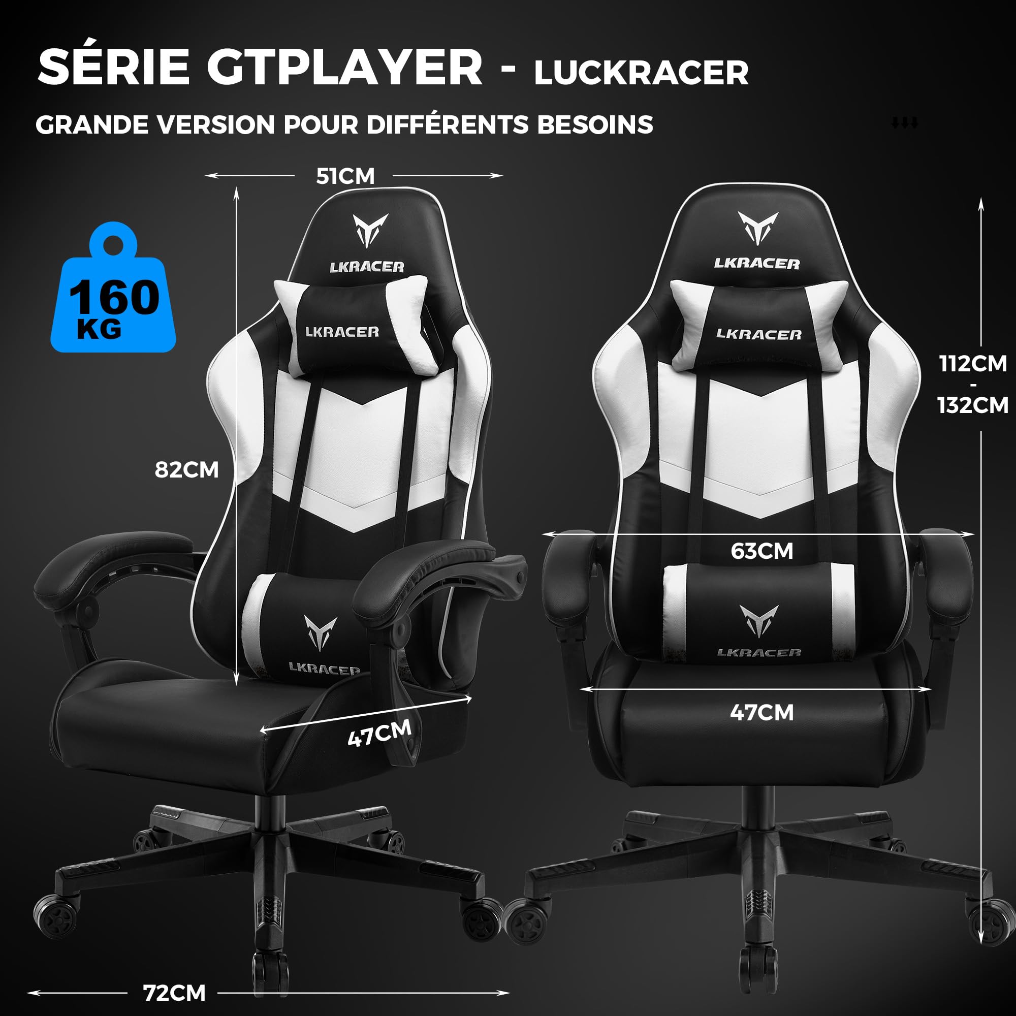 GTPLAYER Chaise de Jeu, de Bureau, de Massage, Ergonomique, pour Gamer, appuie-tête, Coussin Lombaire rembourré, Fauteuil pivotant, Supporte 150 kg, Blanc