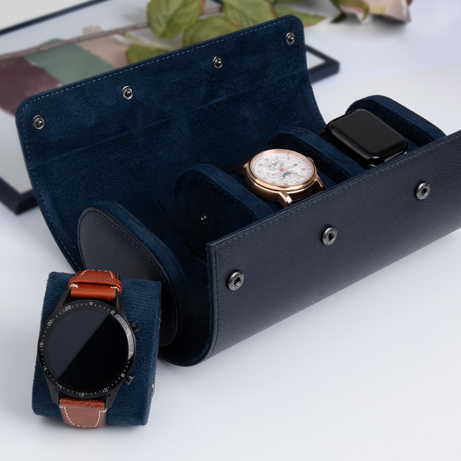 Boîte à montres cylindrique à 3 emplacements - Étui de voyage vintage pour hommes et femmes - Version améliorée bleue