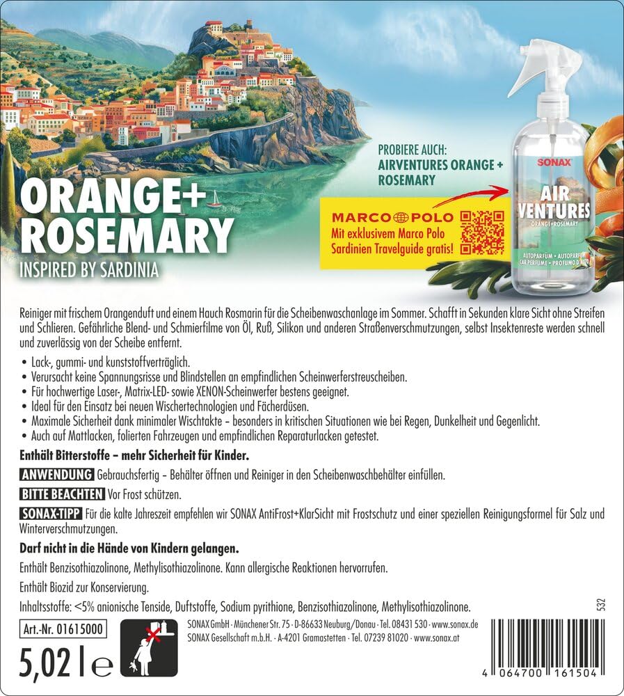 SONAX ScheibenReiniger gebrauchsfertig Orange+Rosemary (5 Liter) gebrauchsfertiger Sommer ScheibenReiniger mit frischem Orangenduft und einem Hauch Rosmarin | Art-No. 01615000 - 2