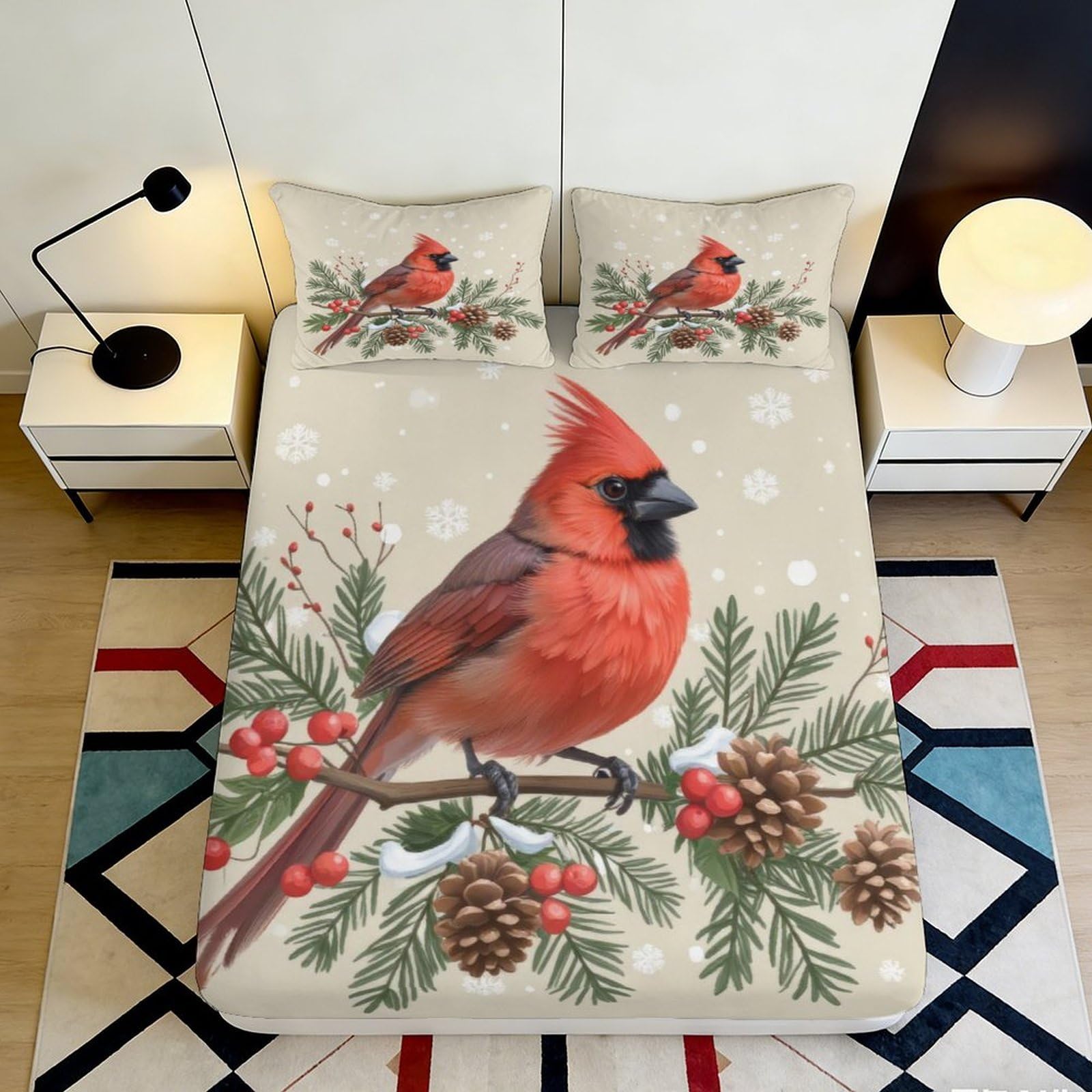 3D Printed Red Cardinal Bird Fitted Sheet Microfiber Soft Winter Pine Cone Mattress Cover for Bedroom Guest Room Dorm Decor 90x200x25cm