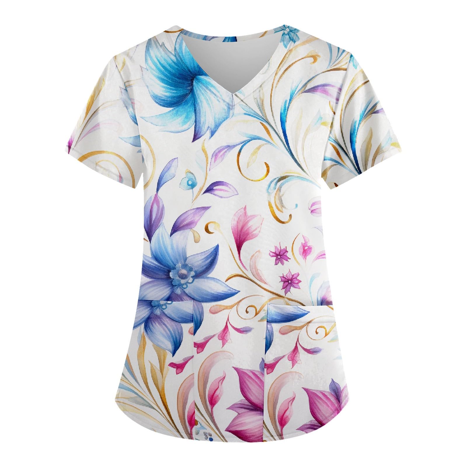 Scrubs for Women V Neck Short Sleeve Working T-Shirts Printed Casual Blouses Vacation Going Out Nurse Uniforms