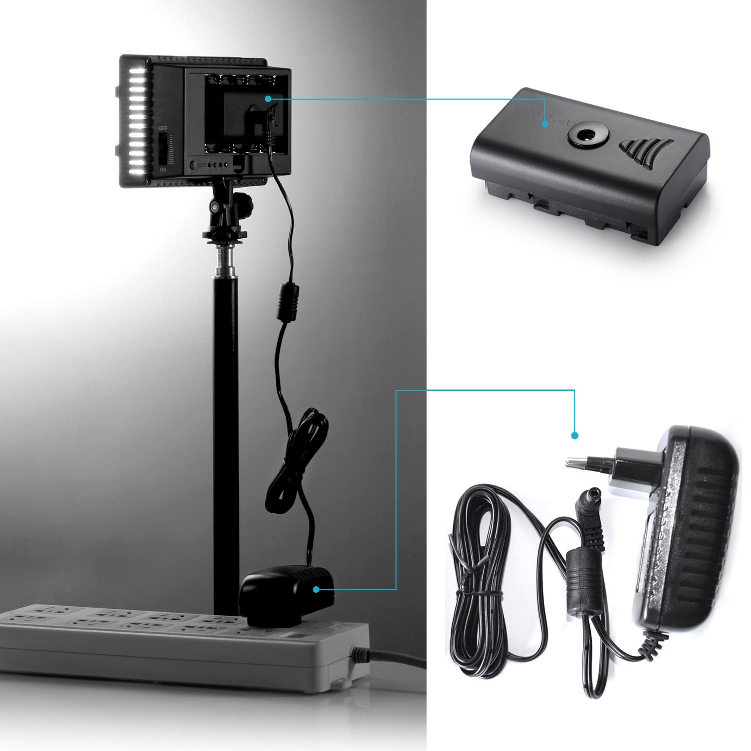 FocusFoto Alimentation CN-AC2 7.5V 2A – Pour Lampes Vidéo CN-160, YN-160, YN-600, Etc. – Prise EU, Câble 2m
