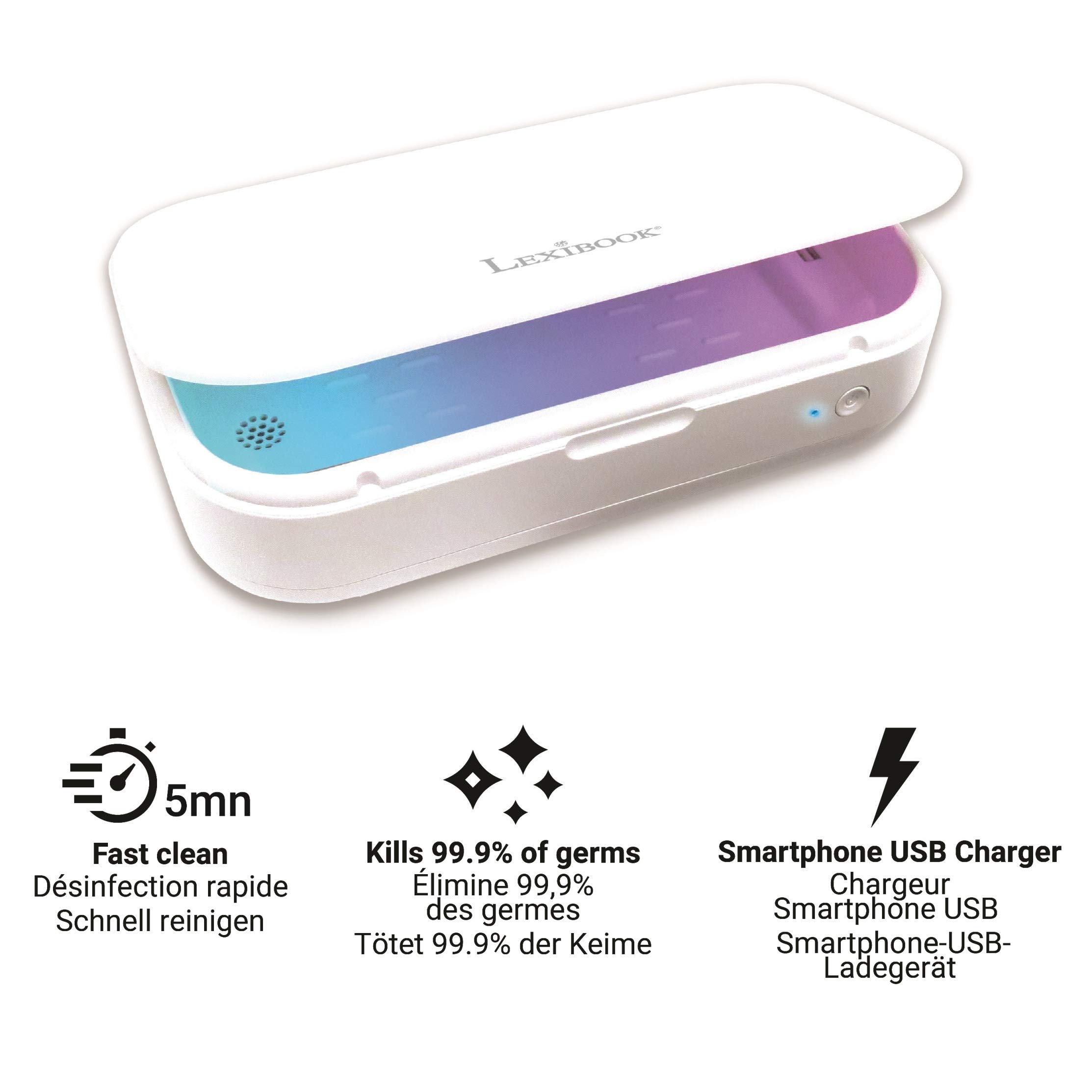 Lexibook LexibookStérilisateur UV - Boîte Stérilisatrice pour Désinfecter Masques, Smartphones, Clés, Écouteurs - Box Lampe UV Stérilisation Rapide 5 Minutes - Aromathérapie - Blanc, UVS100