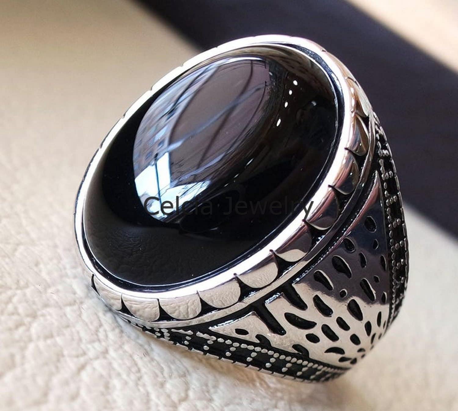 Anello antico pietra preziosa di onice nero, anello per regali di nozze per uomo, regali per l'di compleanno per papà, marito, fidanzato, anello di dichiarazione, regali di fidanzamento (nero-onice)