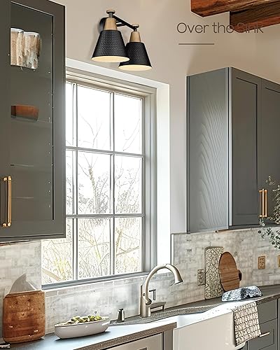 Miniatura 2 de FEMILA 4FG59B-2W BK - Lámpara de baño de 2 luces para tocador de baño, con pantalla de metal martillado, iluminación moderna para cocina