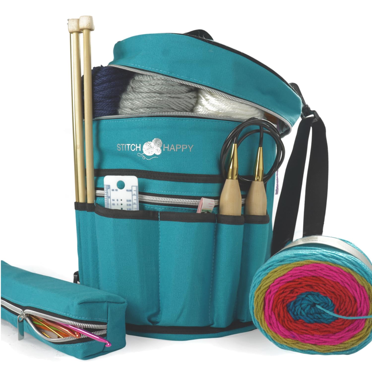 Stitch Happy Knitting Bag (Peacock): 7 Pocket Yarn Bag, Crochet Bag, Yarn Storage, Crochet Storage