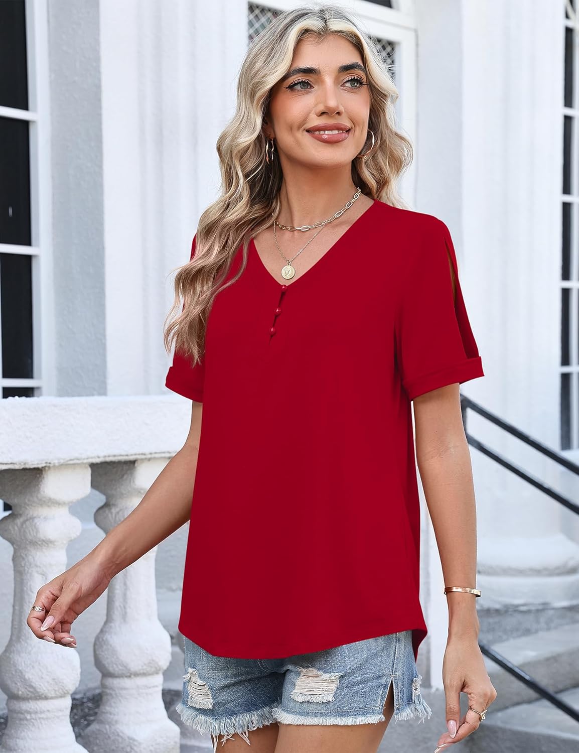 TCOT Women's Short Sleeve Tops Summer Cold Shoulder Button V Neck Shirts Dressy Casual Blouses - Image 4