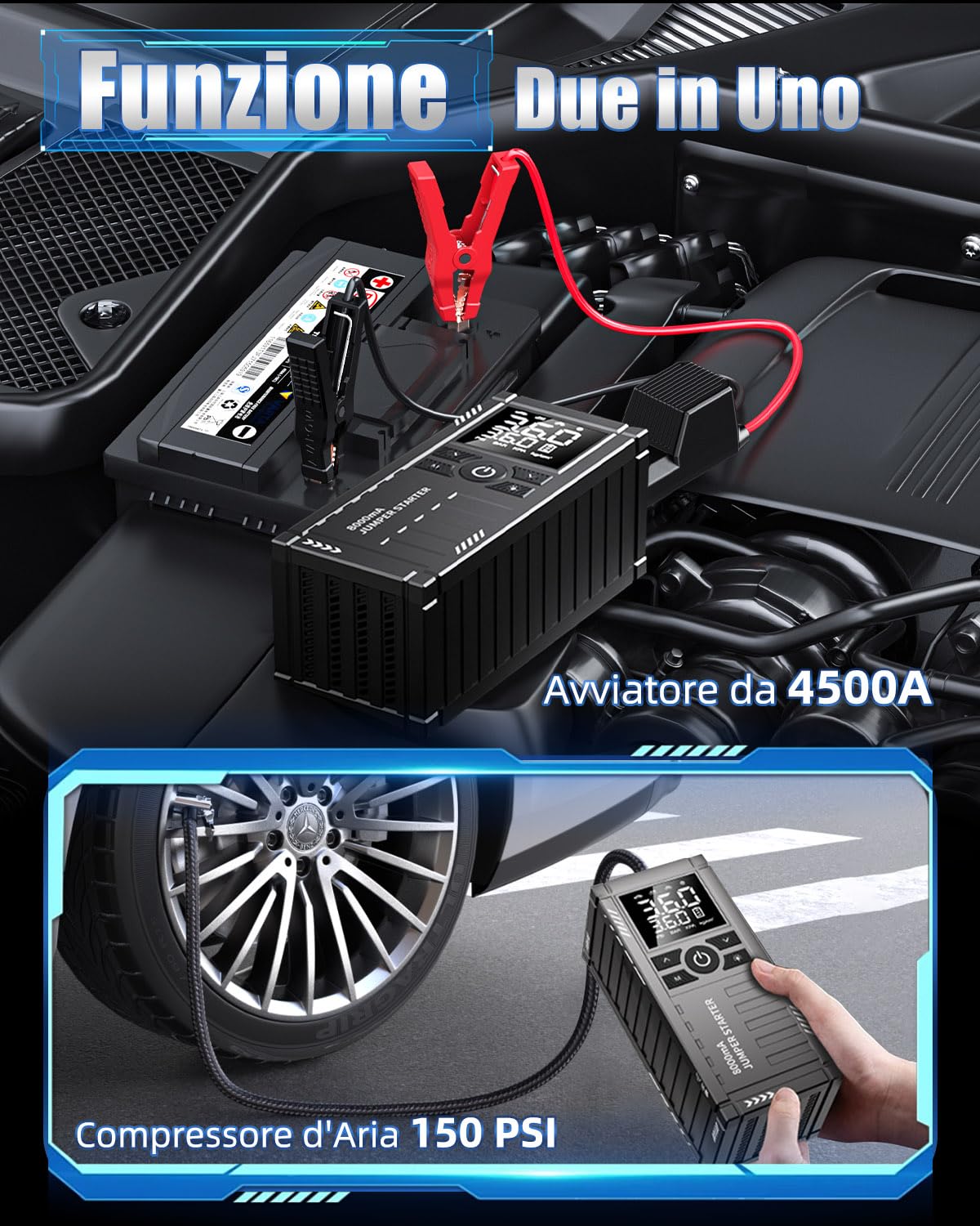 4500A Avviatore Batteria Auto con Compressore 150PSI, Booster Avviamento Auto Professionale per Motori 8L Gas / 6L Diesel, Jump Starter Portatile 12V e Starter Auto Portatile con Display LED