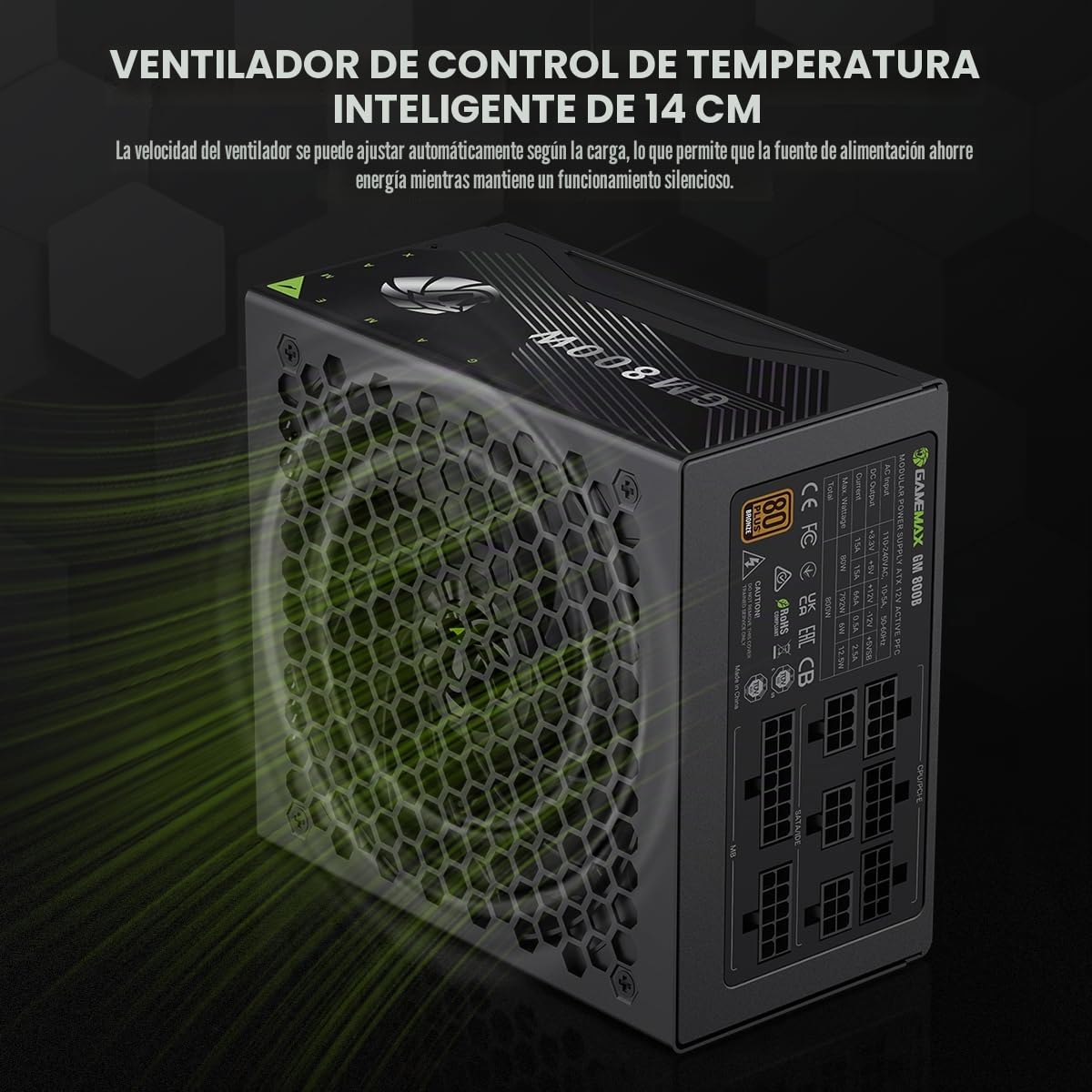 GAMEMAX GM 800B Fuente de Alimentación PC 800W, Full Modular, 80 Plus Bronze, PFC Activo y DC-to-DC, Ventilador de 140 mm, condensadores, 7 Protecciones de Seguridad
