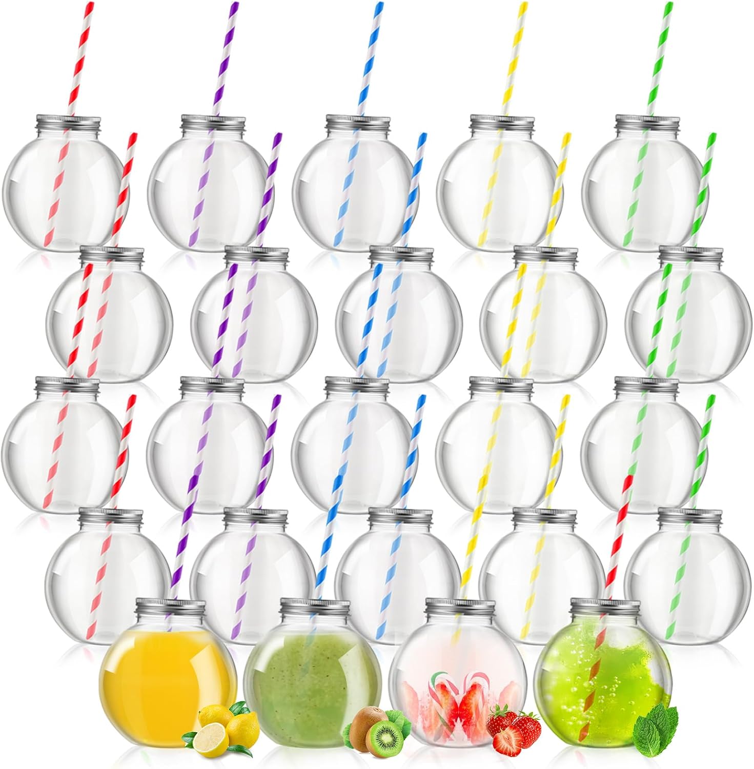 24 potion bottle cups with lids and straws displayed on a solid white background.