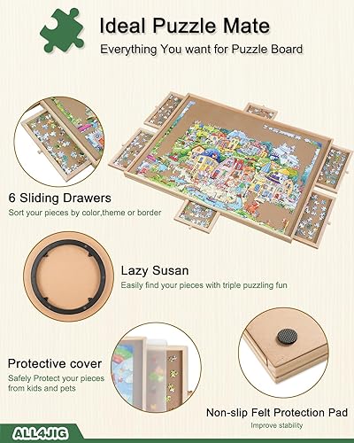 Vista 45 de ALL4JIG - Tablero giratorio para rompecabezas de 2000 piezas, bandeja giratoria de madera de 29.6 x 41.3 pulgadas, 6 cajones y cubierta, mesa para 6