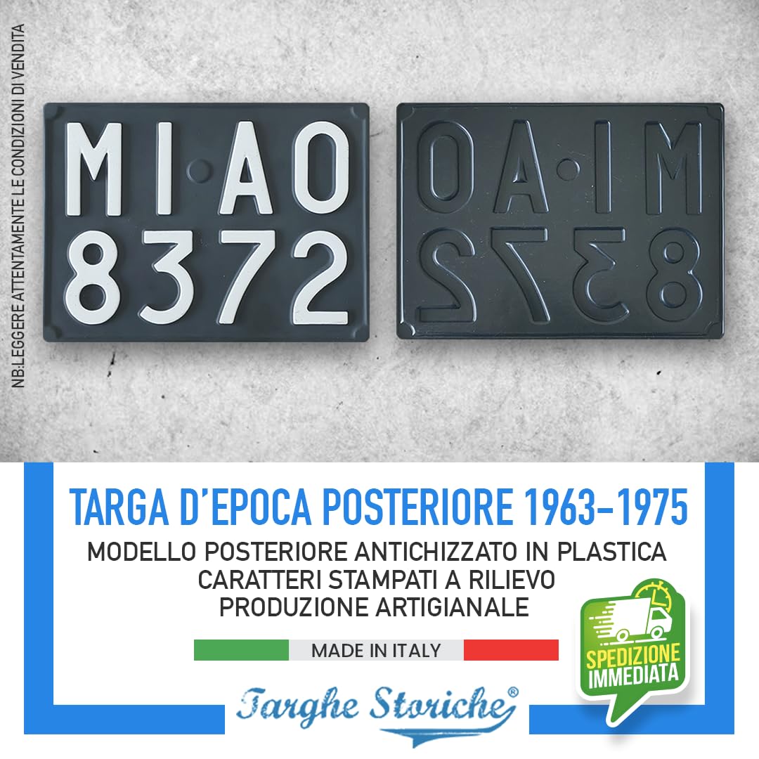 Targa Auto Epoca Posteriore 1963-1975 Plastica Replica Personalizzata Made in Italy
