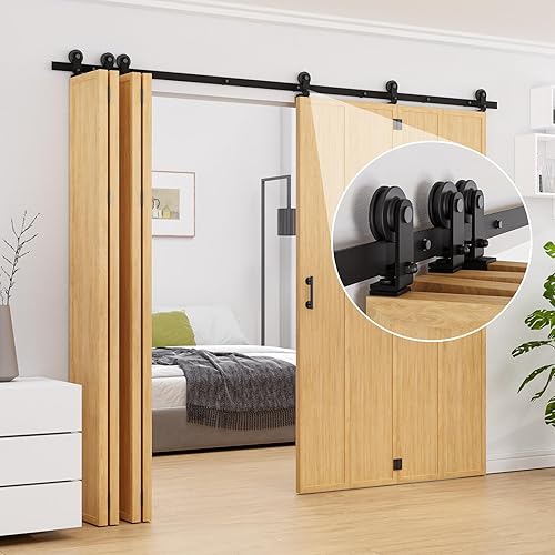 Kit de rieles de puerta de granero biplegable de 96 pulgadas adecuado para 8 paneles de puerta, nuevo estilo acordeón, resistente y suave, fácil de